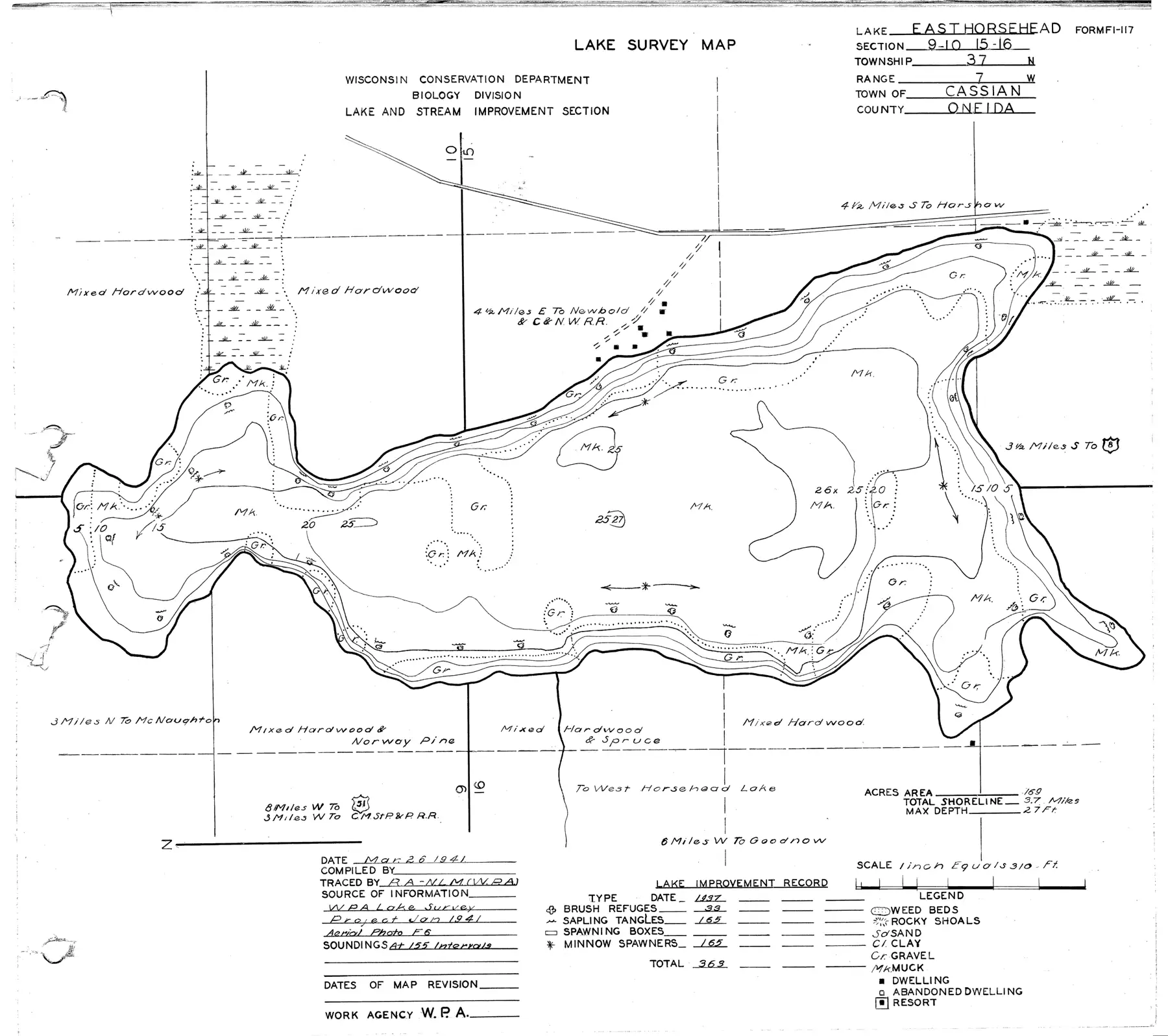 DNR survey map of East Horsehead Lake, with depths in feet. Tap to zoom.