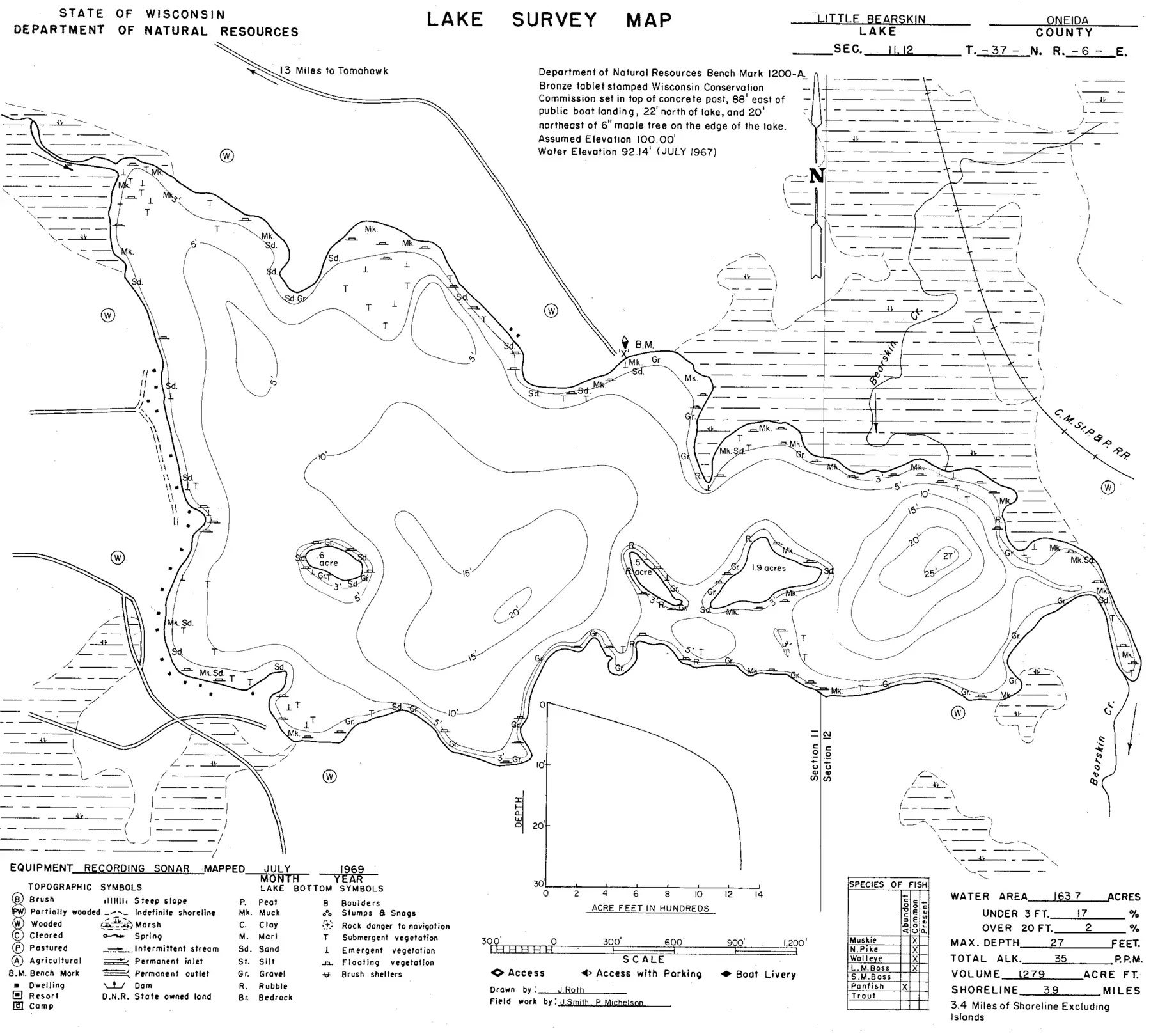 DNR survey map of Little Bearskin Lake, with depths in feet. Tap to zoom.
