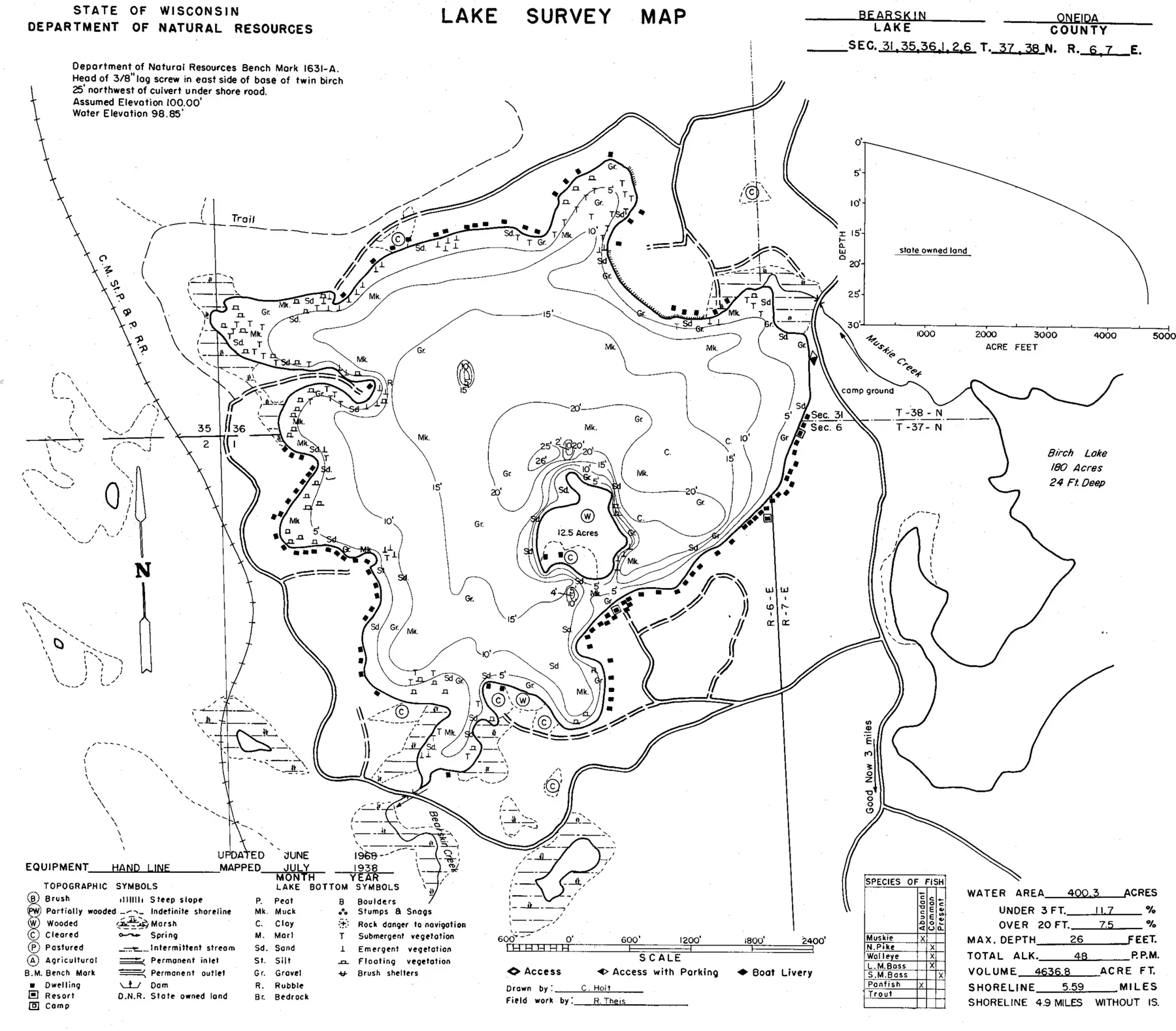 DNR survey map of Bearskin Lake, with depths in feet. Tap to zoom.