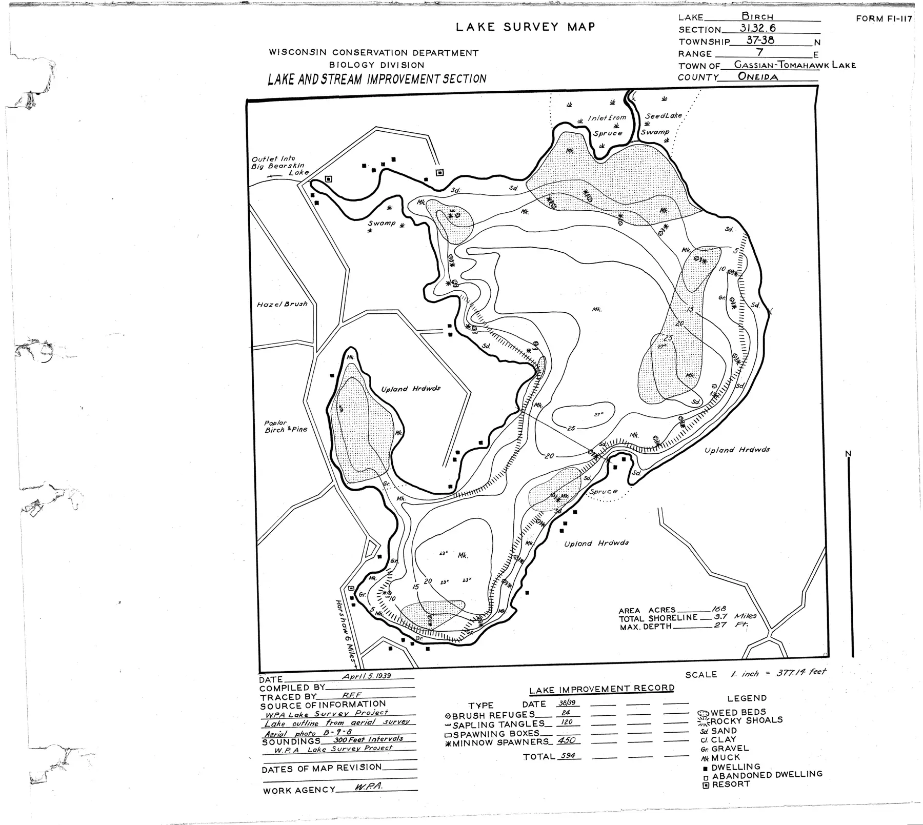 DNR survey map of Birch Lake, with depths in feet. Tap to zoom.