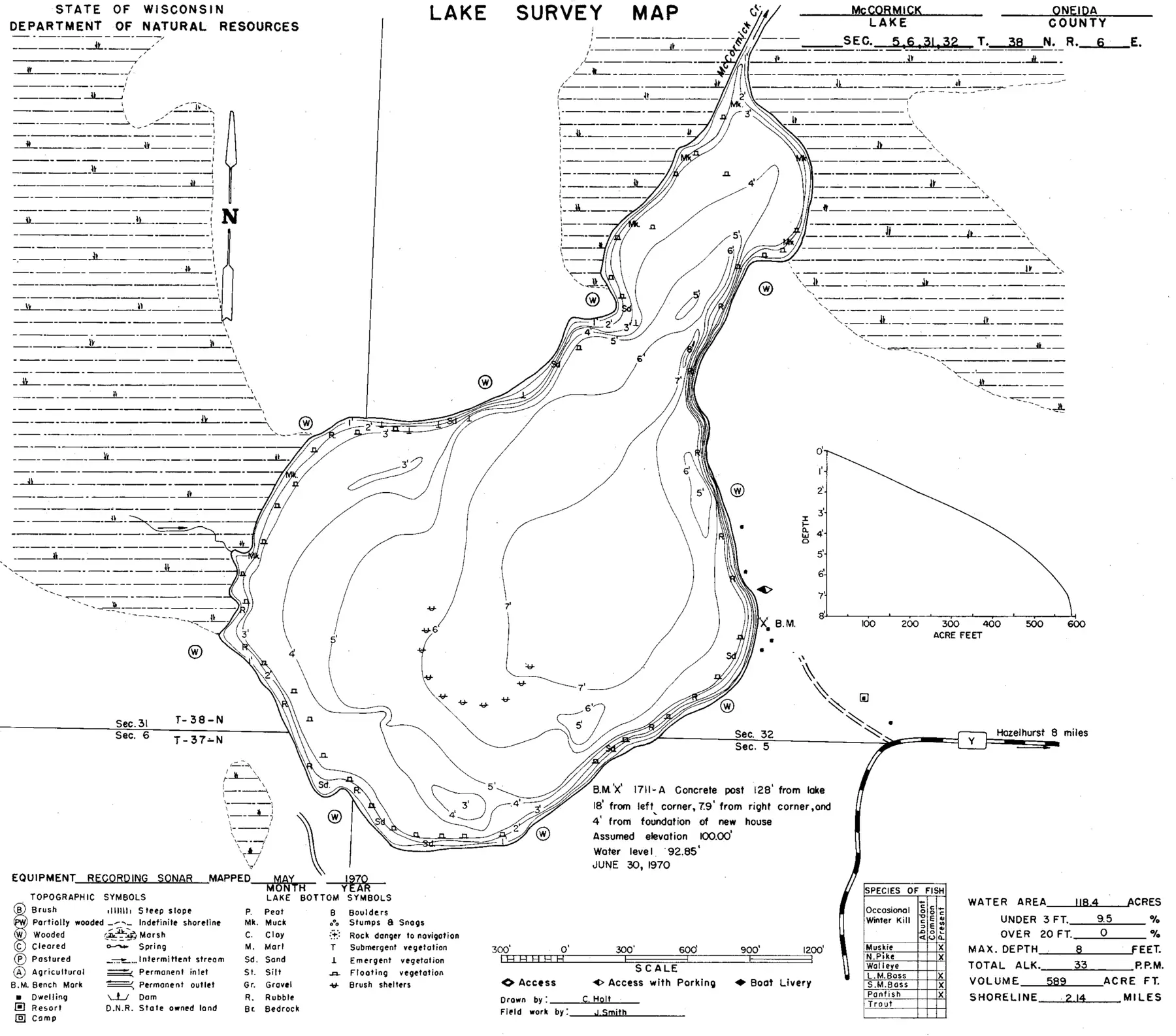 DNR survey map of McCormick Lake, with depths in feet. Tap to zoom.