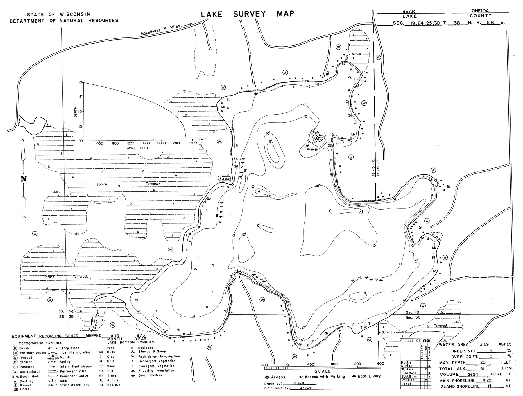 DNR survey map of Bear Lake, with depths in feet. Tap to zoom.