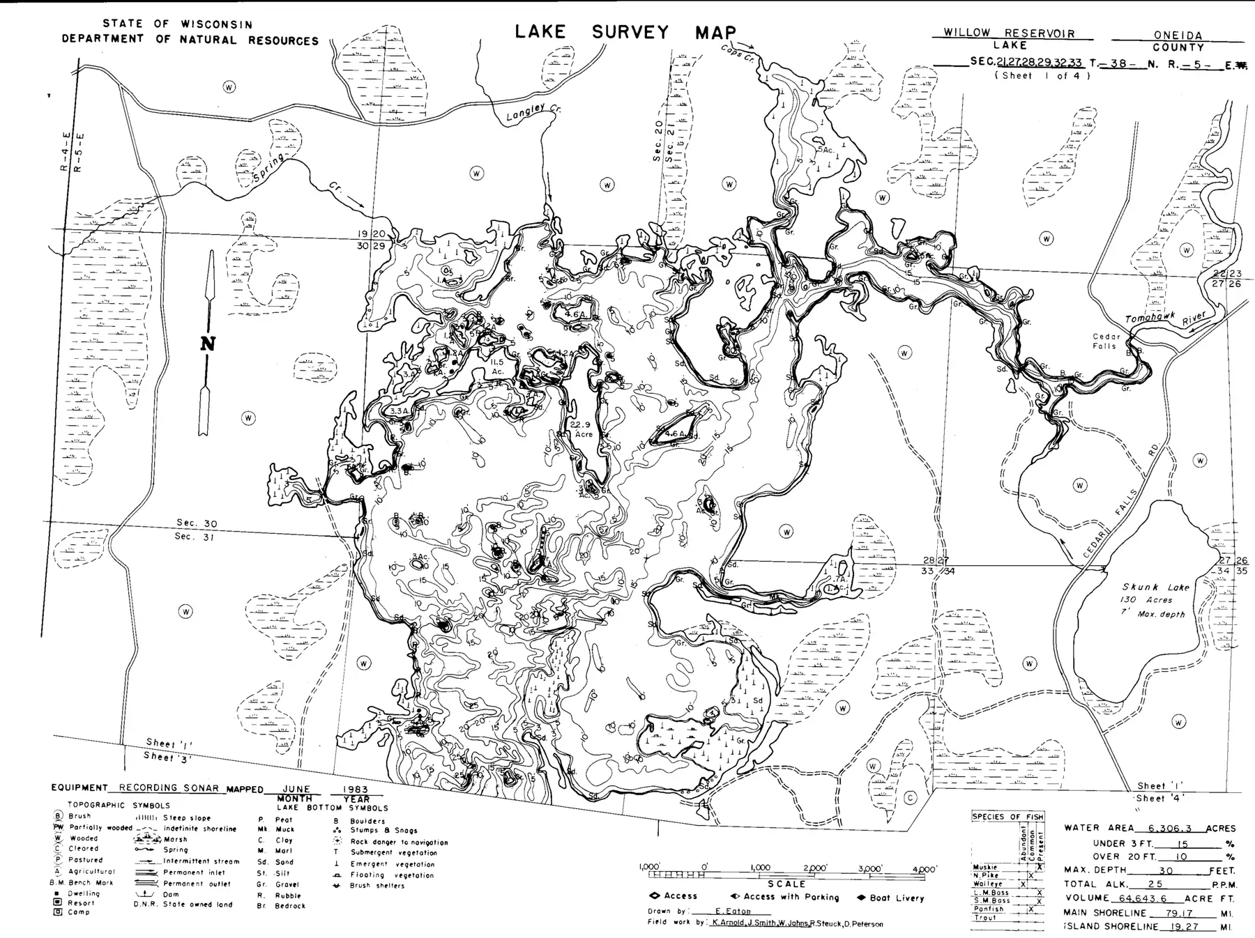 DNR survey map of Willow Flowage, sheet 1 of 4, with depths in feet. Tap to zoom.