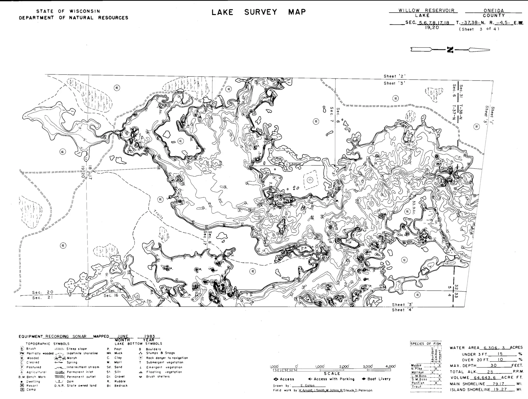 DNR survey map of Willow Flowage, sheet 3 of 4. Tap to zoom.