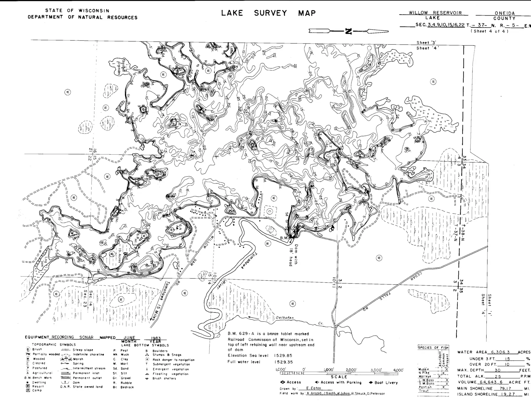 DNR survey map of Willow Flowage, sheet 4 of 4. Tap to zoom.