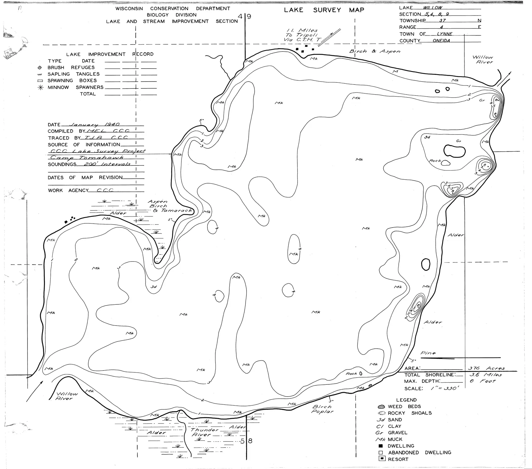 DNR survey map of Willow Lake, with depths in feet. Tap to zoom.