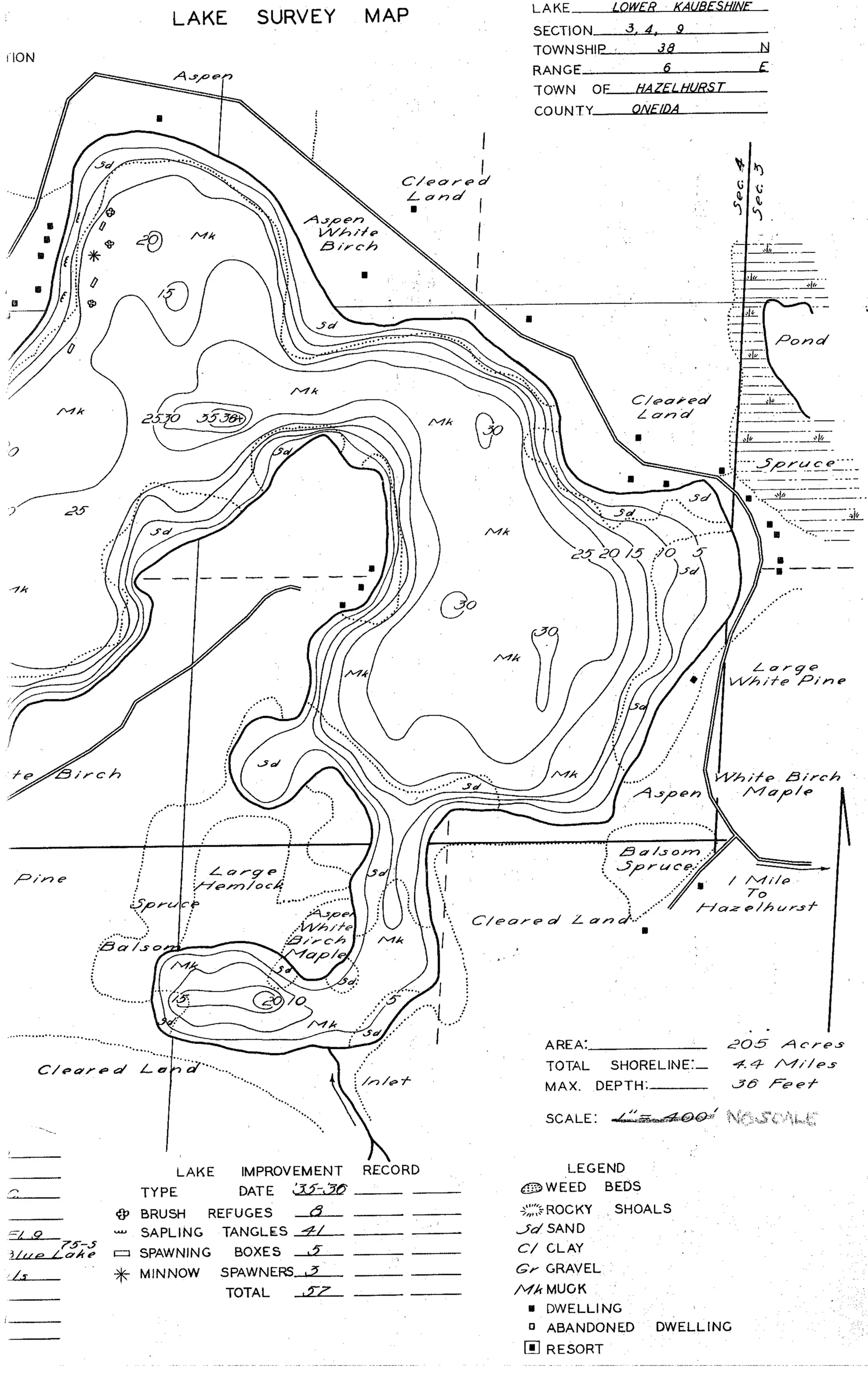 DNR survey map of Lower Kaubashine Lake, sheet 1 of 2, with depths in feet. Tap to zoom.