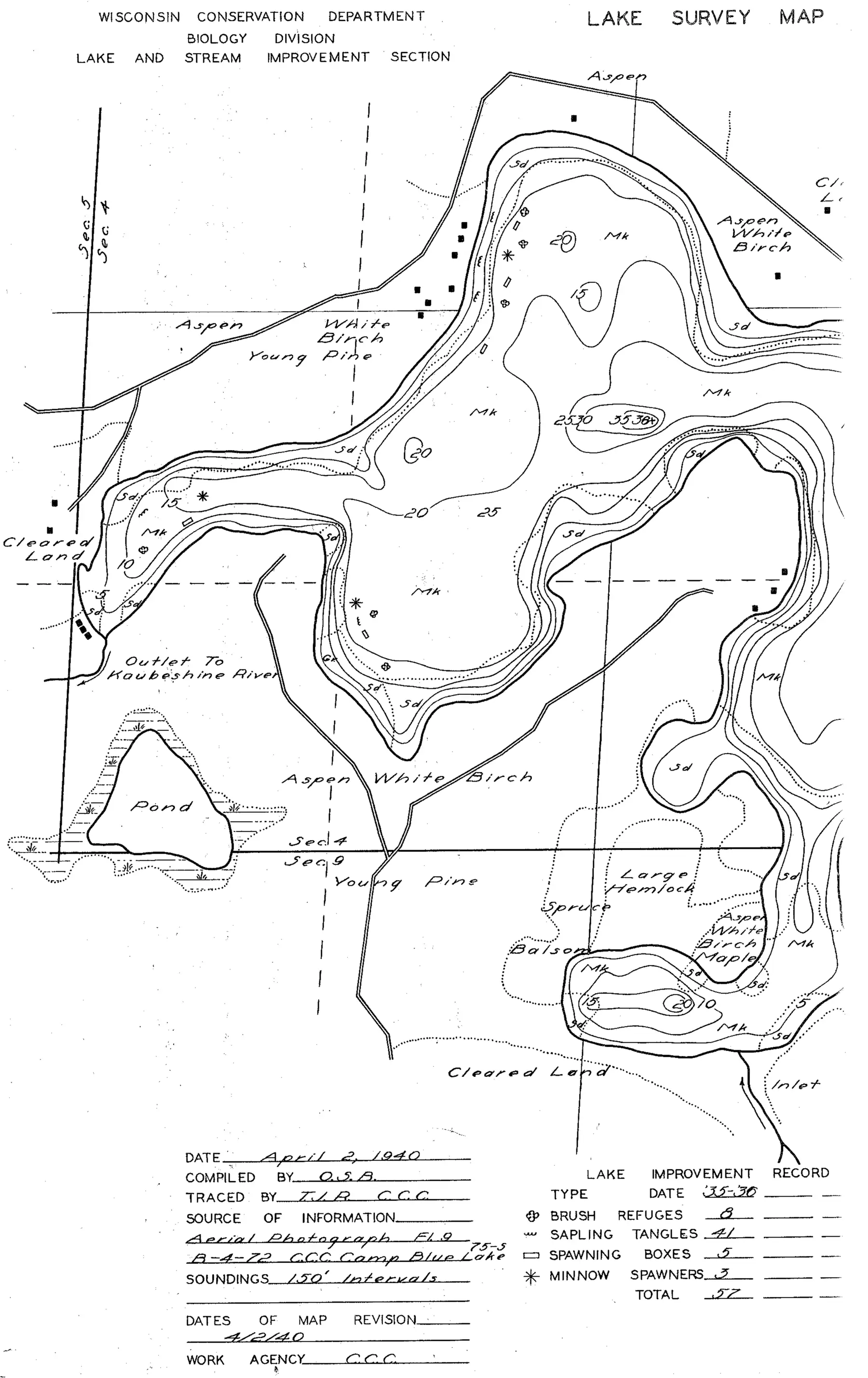 DNR survey map of Lower Kaubashine Lake, sheet 2 of 2, with depths in feet. Tap to zoom.
