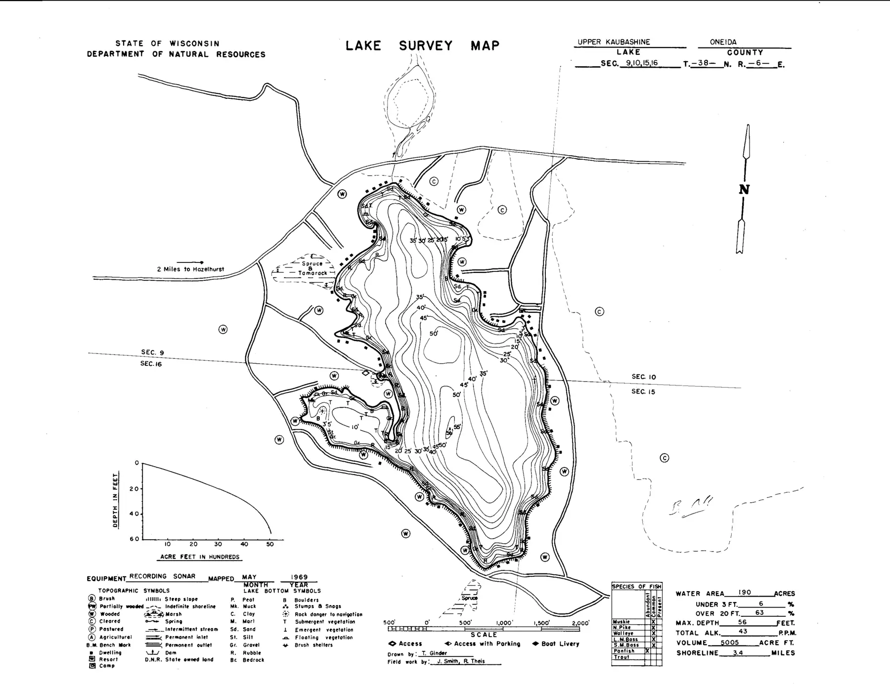 DNR survey map of Upper Kaubashine Lake, with depths in feet. Tap to zoom.