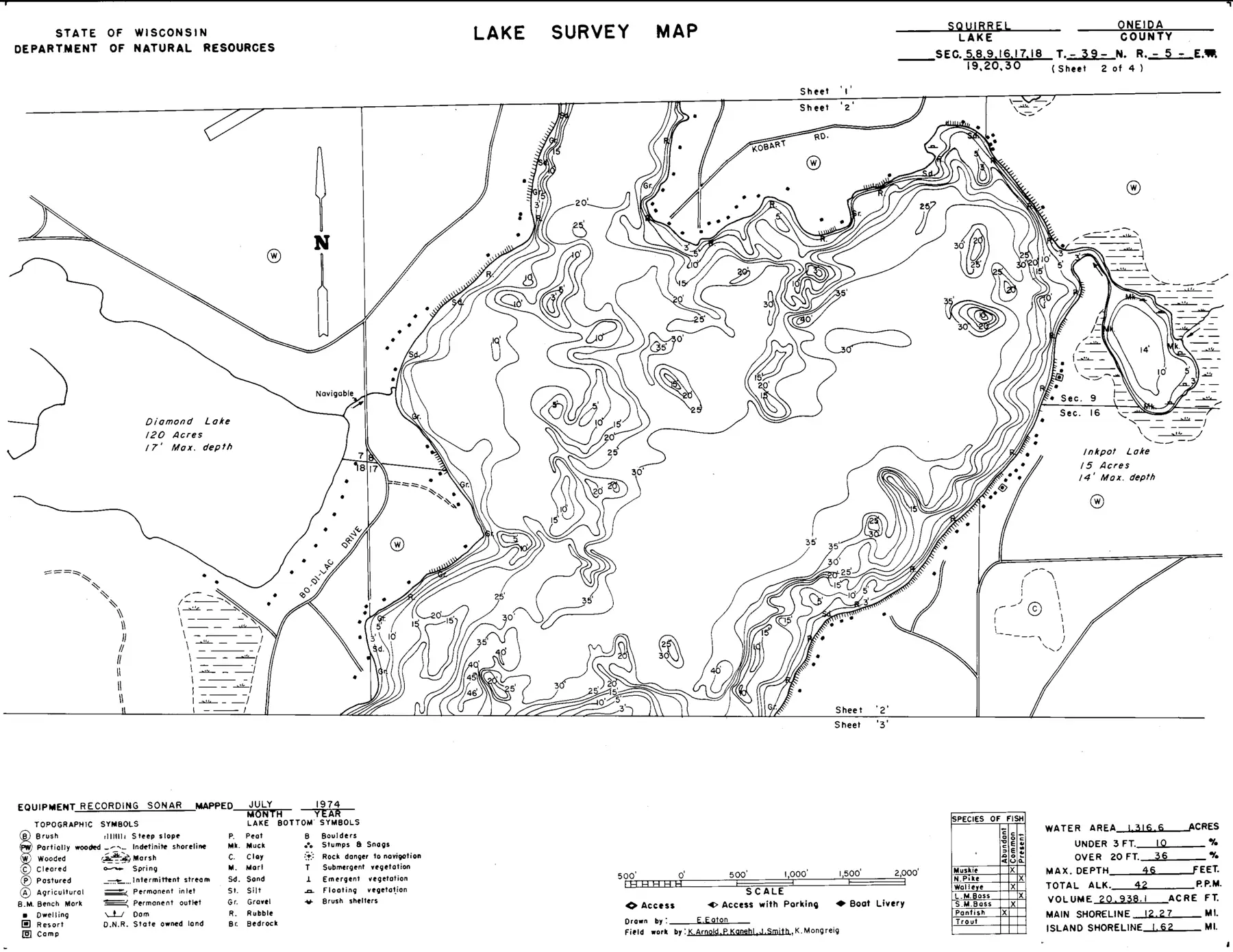 DNR survey map of Squirrel Lake*, sheet 2 of 4, with depths in feet. Tap to zoom.