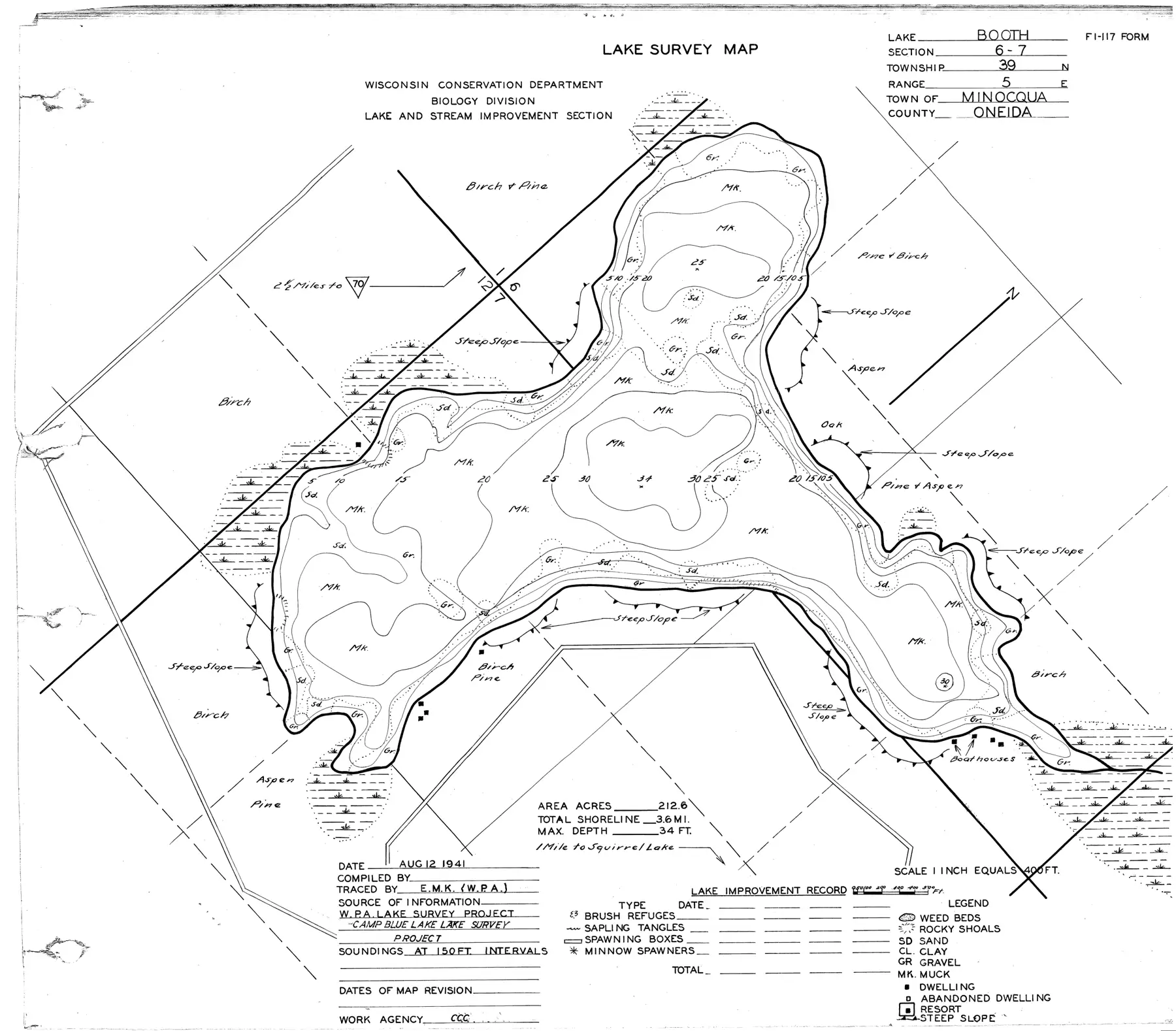 DNR survey map of Booth Lake, with depths in feet. Tap to zoom.
