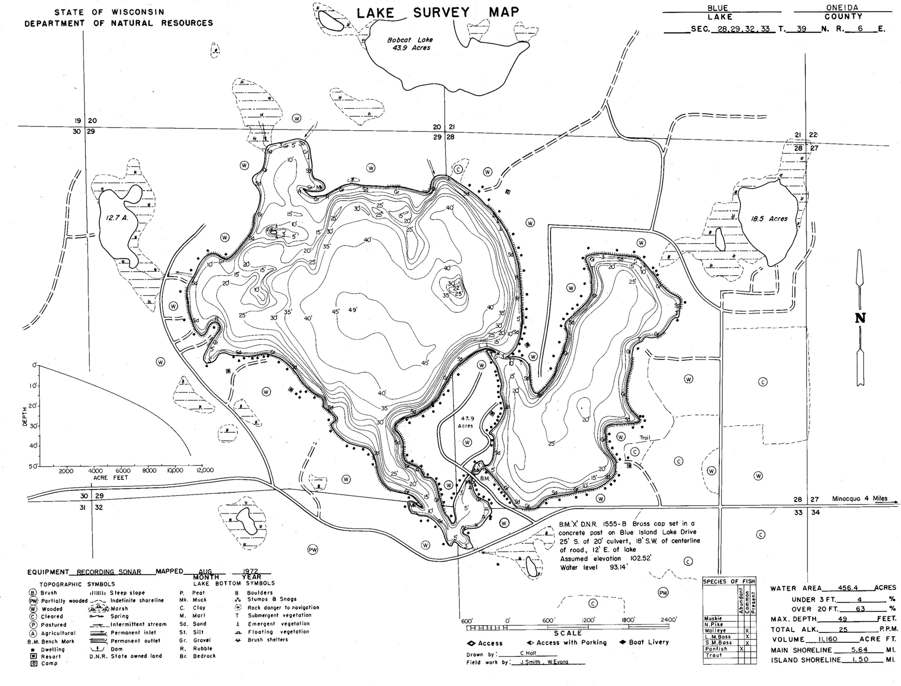DNR survey map of Blue Lake, with depths in feet. Tap to zoom.