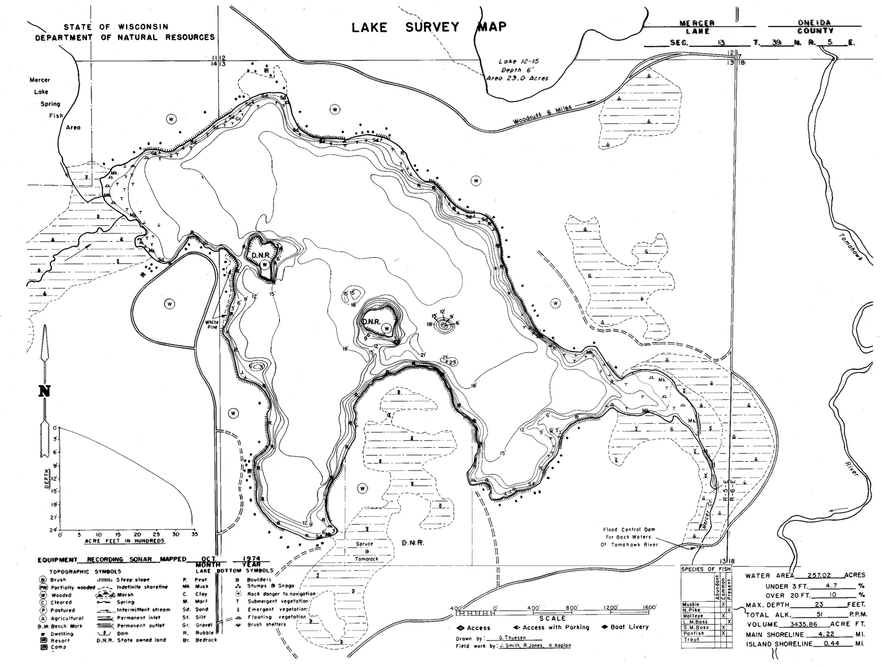 DNR survey map of Mercer Lake, with depths in feet. Tap to zoom.