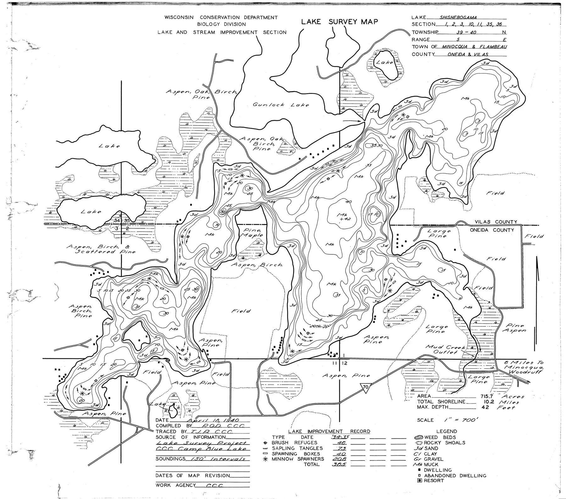 DNR survey map of Shishebogama Lake, with depths in feet. Tap to zoom.