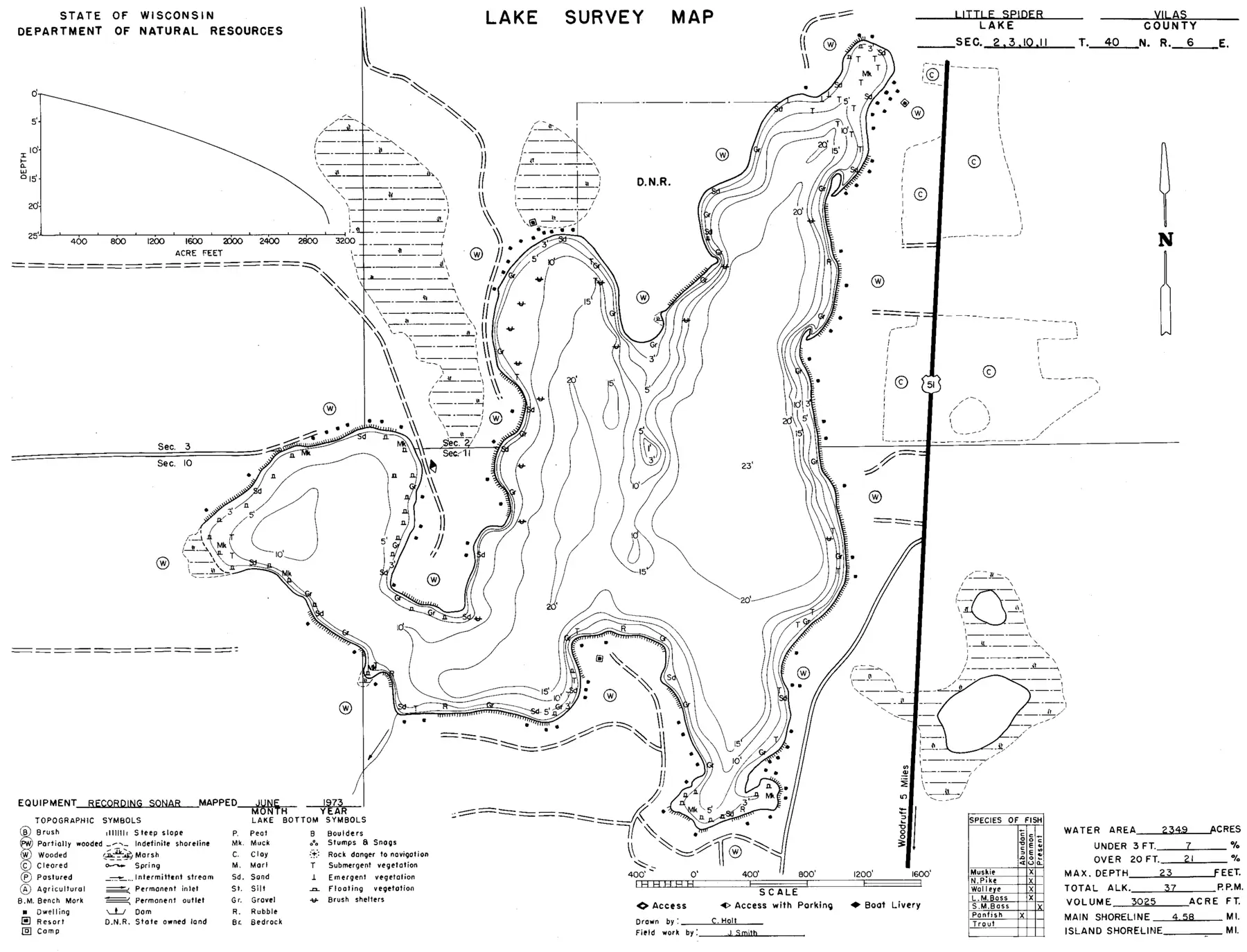 DNR survey map of Little Spider Lake, with depths in feet. Tap to zoom.