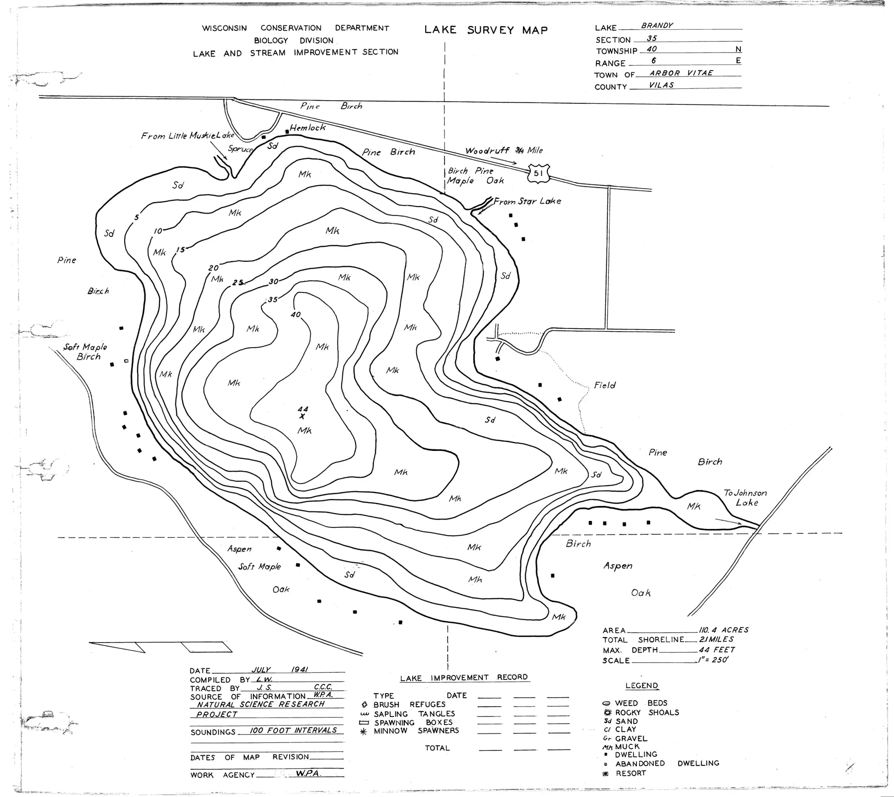 DNR survey map of Brandy Lake, with depths in feet. Tap to zoom.
