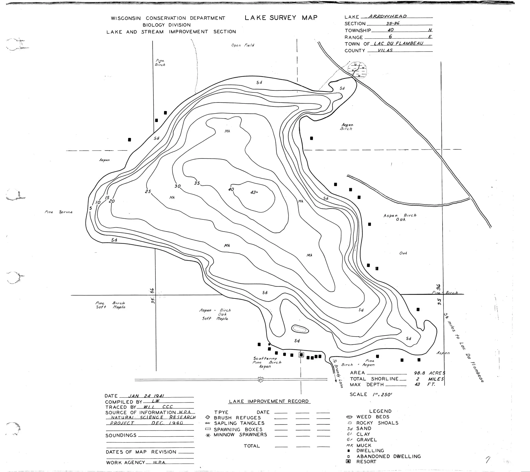 DNR survey map of Arrowhead Lake, with depths in feet. Tap to zoom.