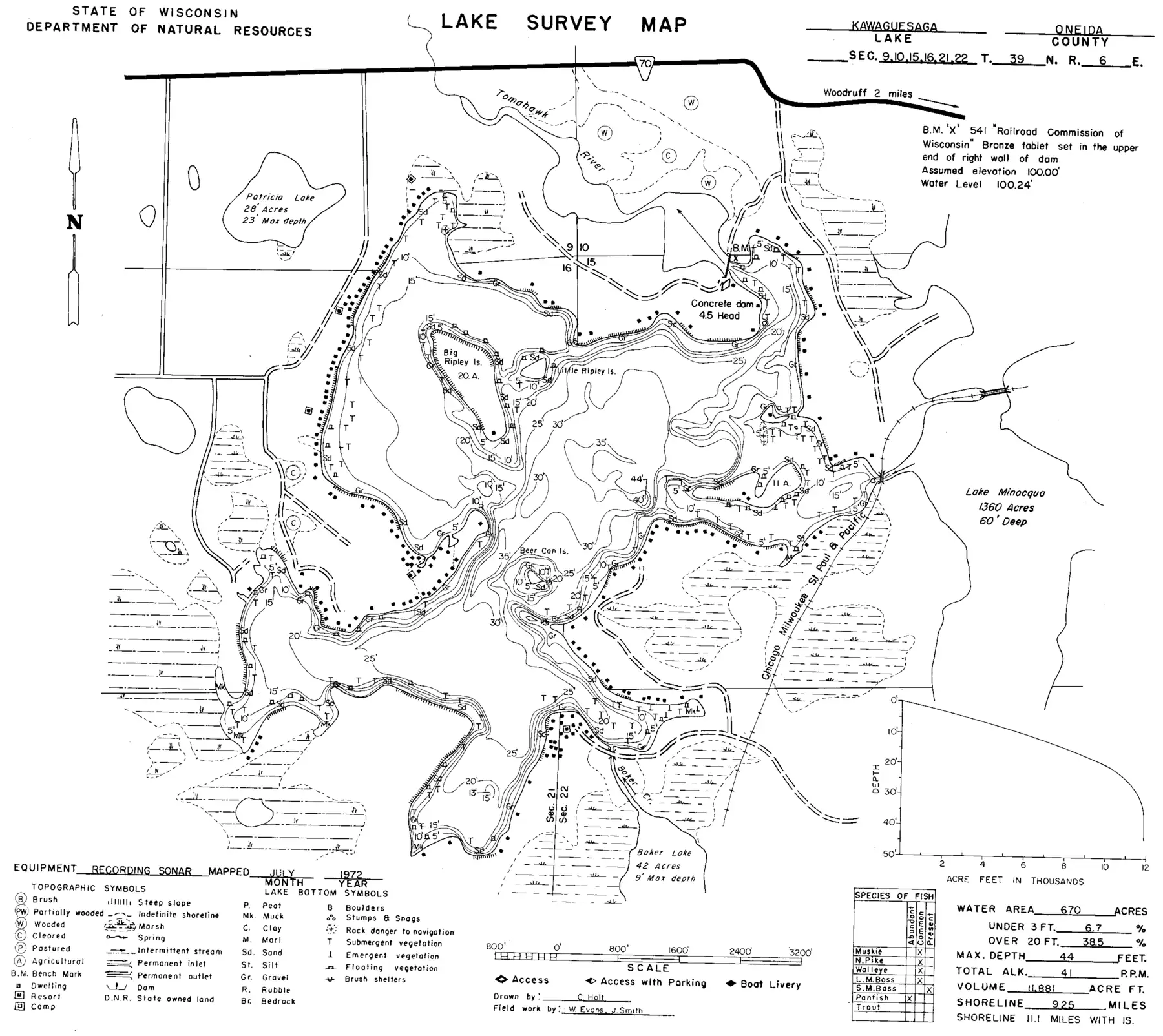 DNR survey map of Kawaguesaga Lake, with depths in feet. Tap to zoom.