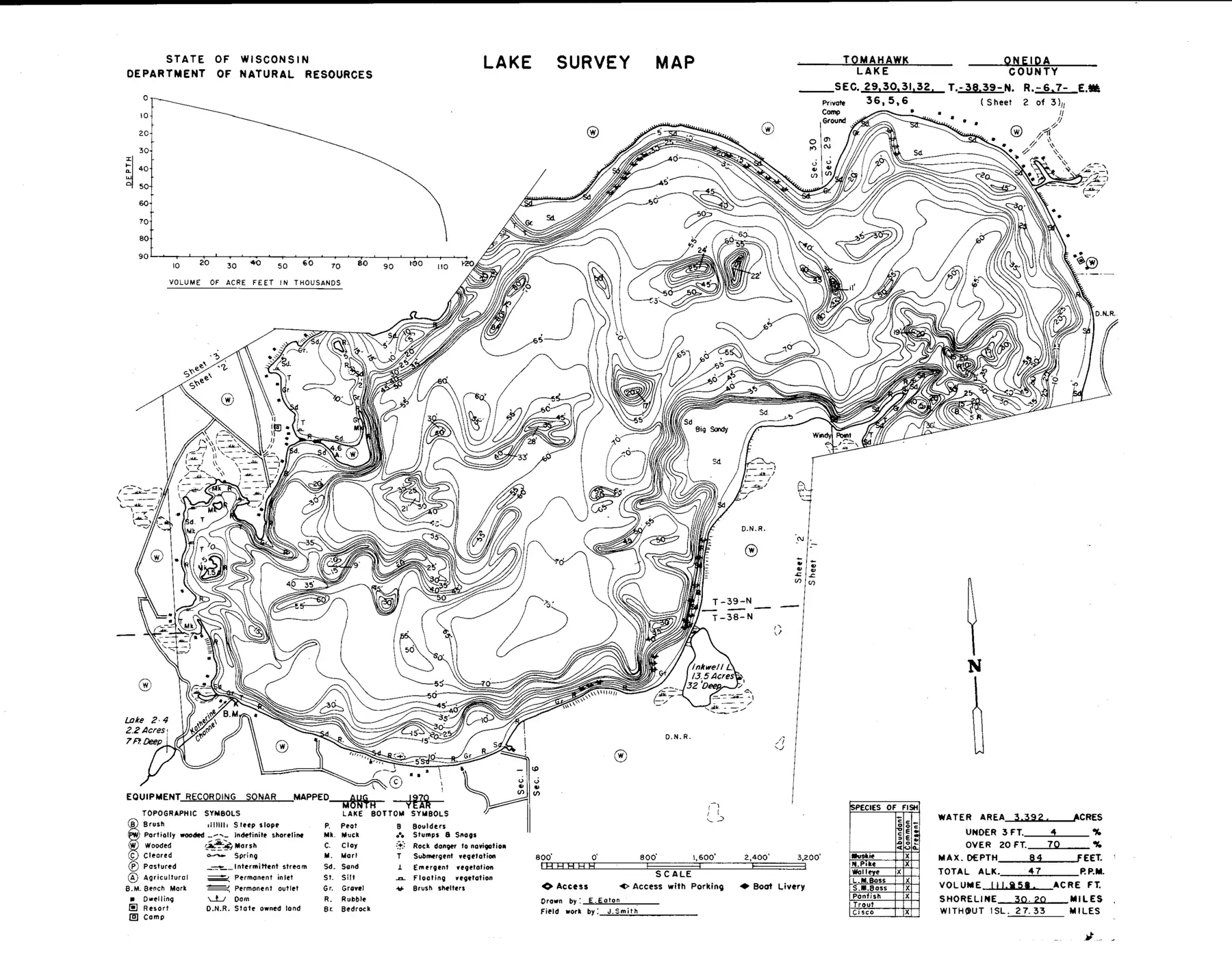 DNR survey map of Tomahawk Lake, sheet 2 of 3, with depths in feet. Tap to zoom.