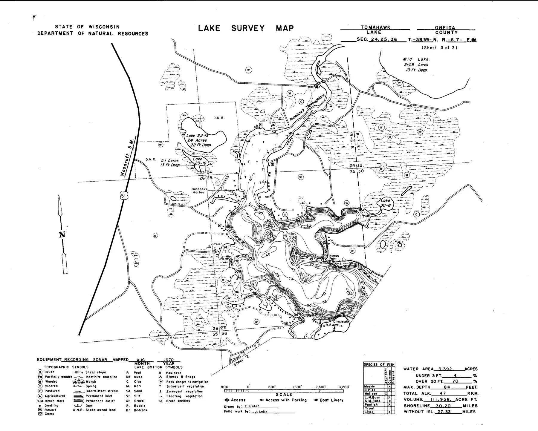 DNR survey map of Tomahawk Lake, sheet 3 of 3. Tap to zoom.