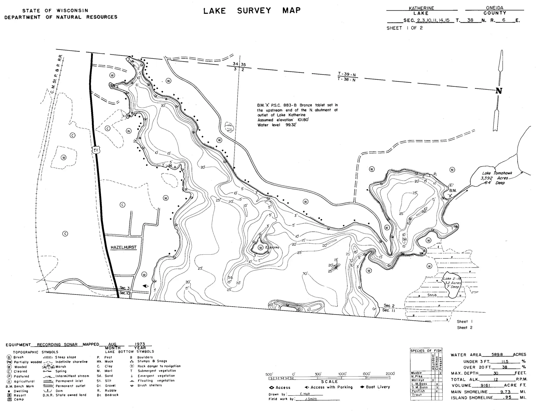 DNR survey map of Katherine Lake, sheet 1 of 2, with depths in feet. Tap to zoom.