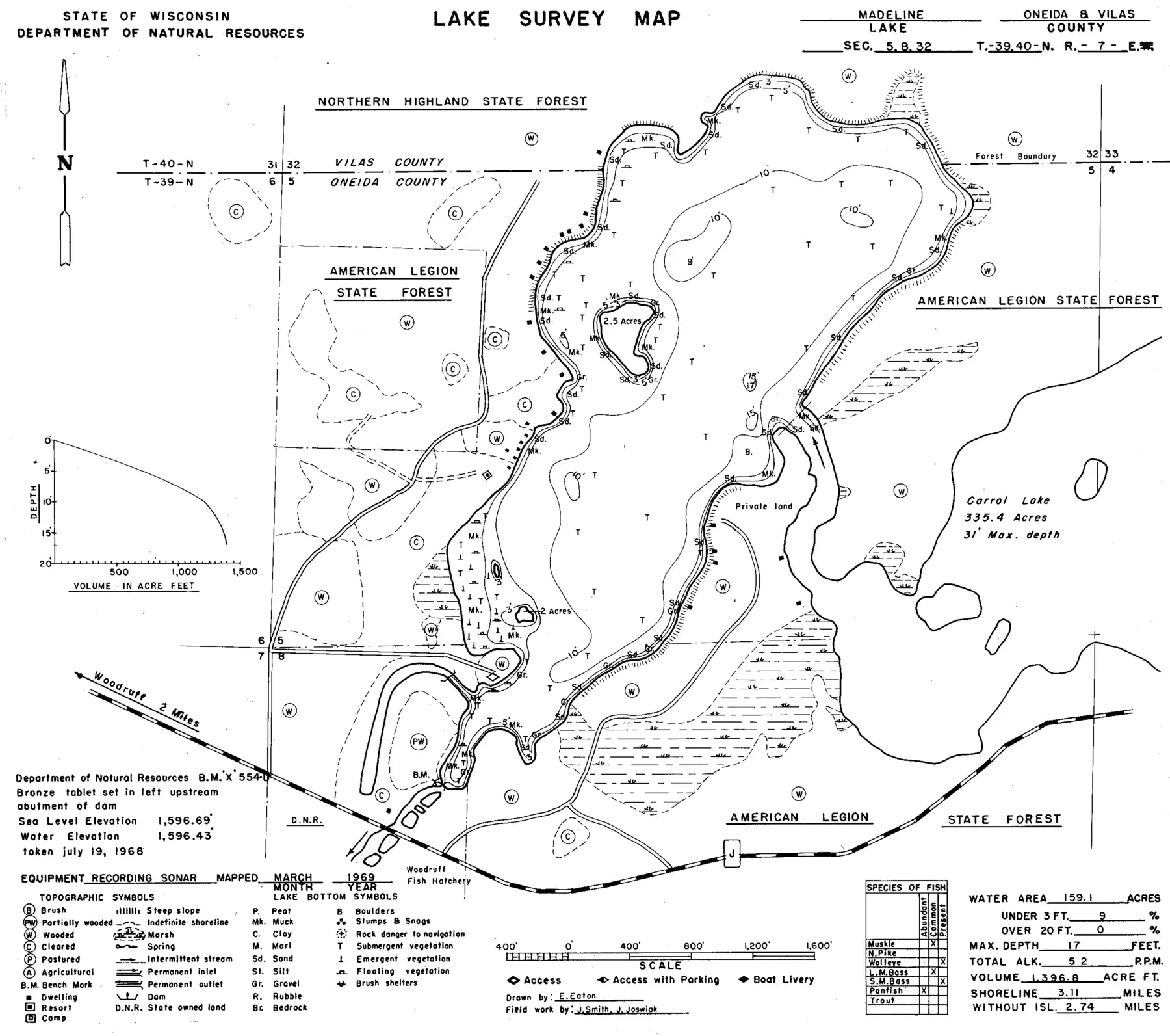 DNR survey map of Madeline Lake, with depths in feet. Tap to zoom.