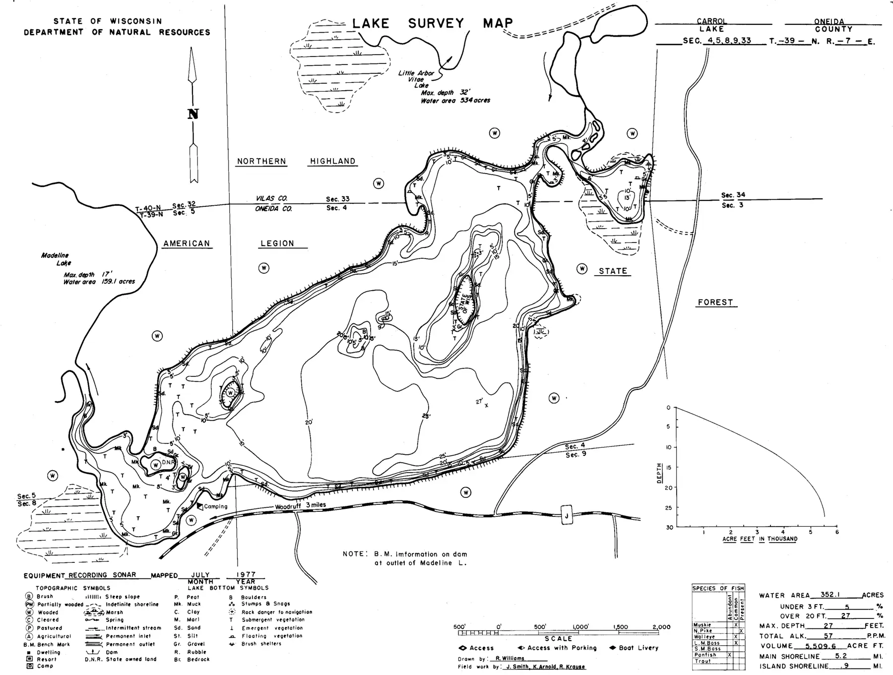 DNR survey map of Carrol Lake, with depths in feet. Tap to zoom.