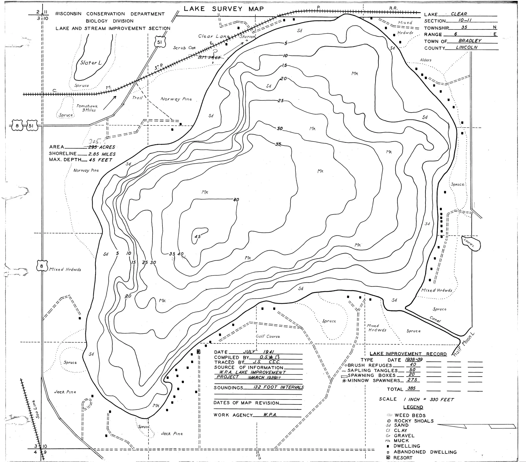 DNR survey map of Clear Lake, with depths in feet. Tap to zoom.