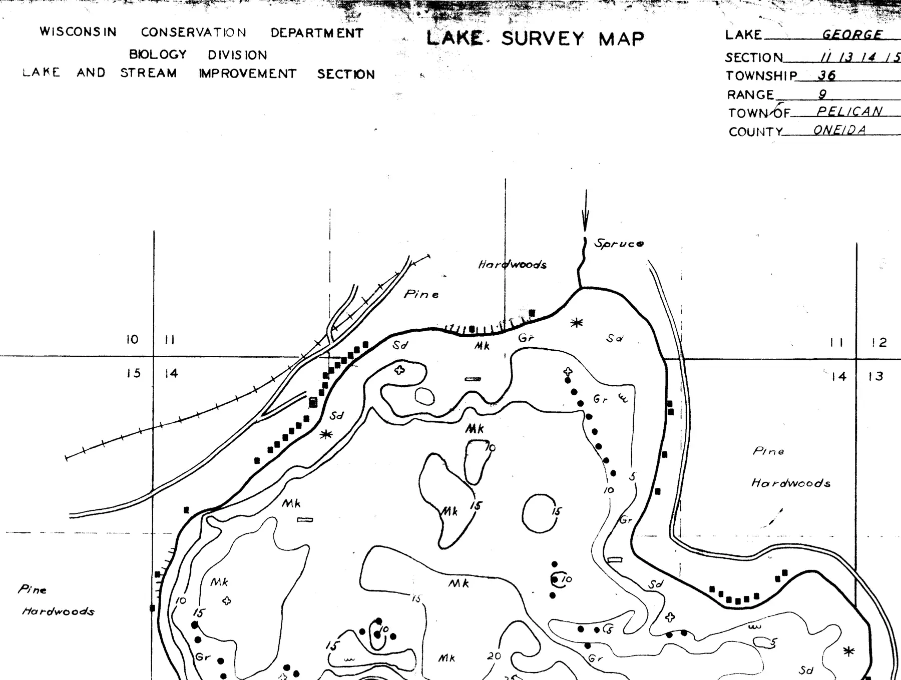 DNR survey map of George Lake, sheet 1 of 2, with depths in feet. Tap to zoom.