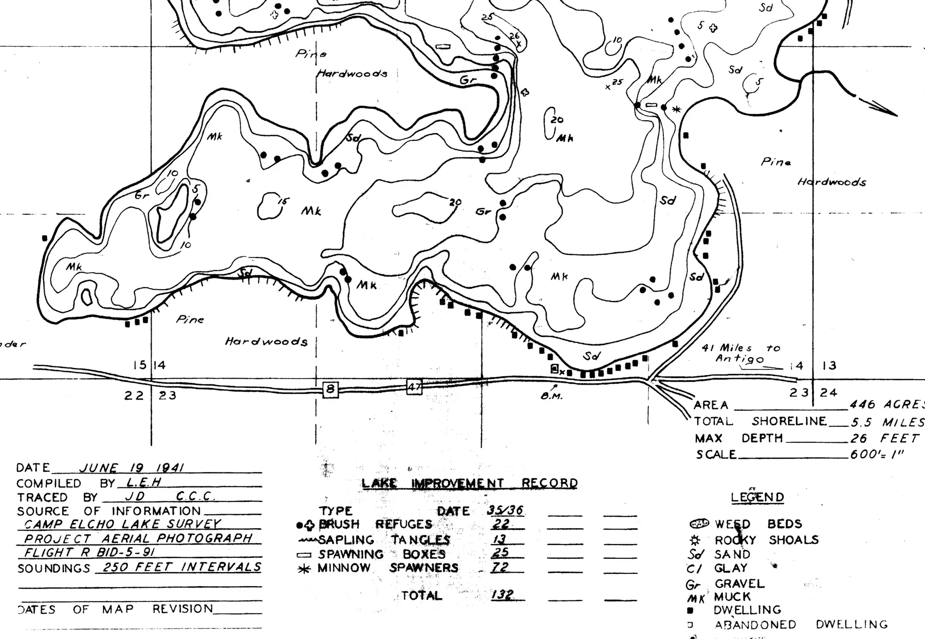 DNR survey map of George Lake, sheet 2 of 2, with depths in feet. Tap to zoom.