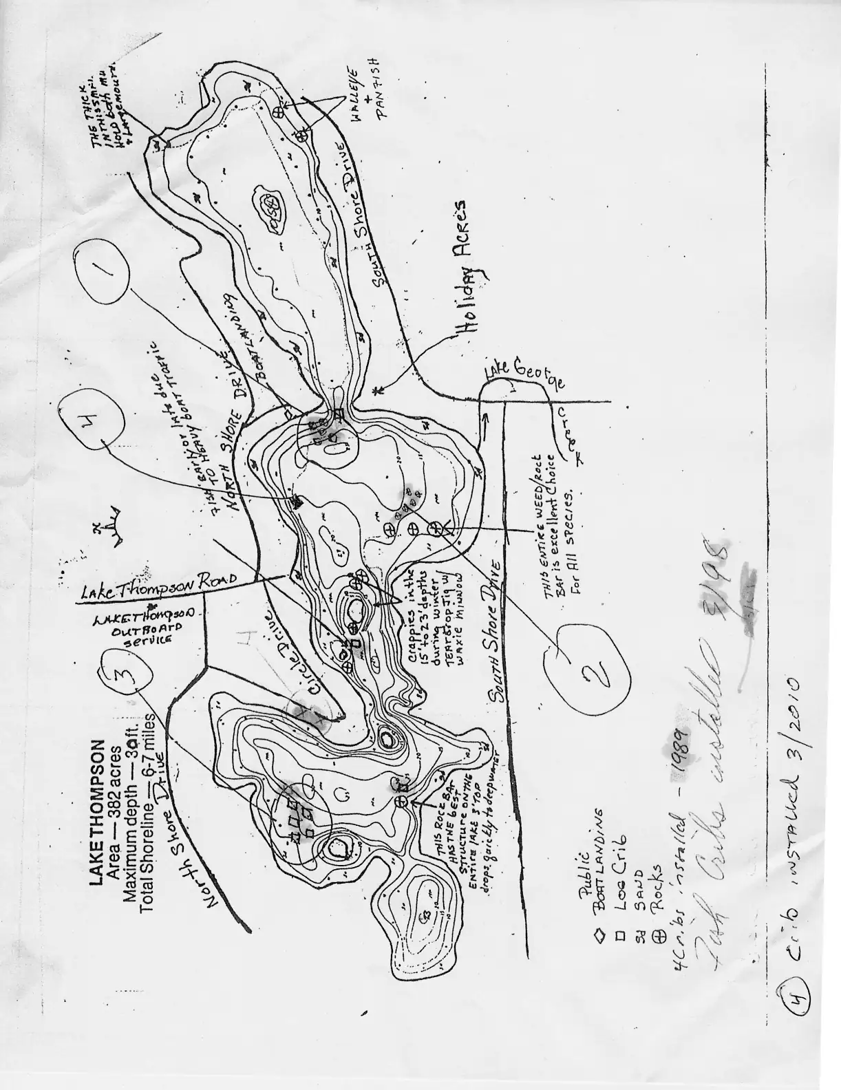 DNR survey map of Lake Thompson, sheet 1 of 5, with depths in feet. Tap to zoom.