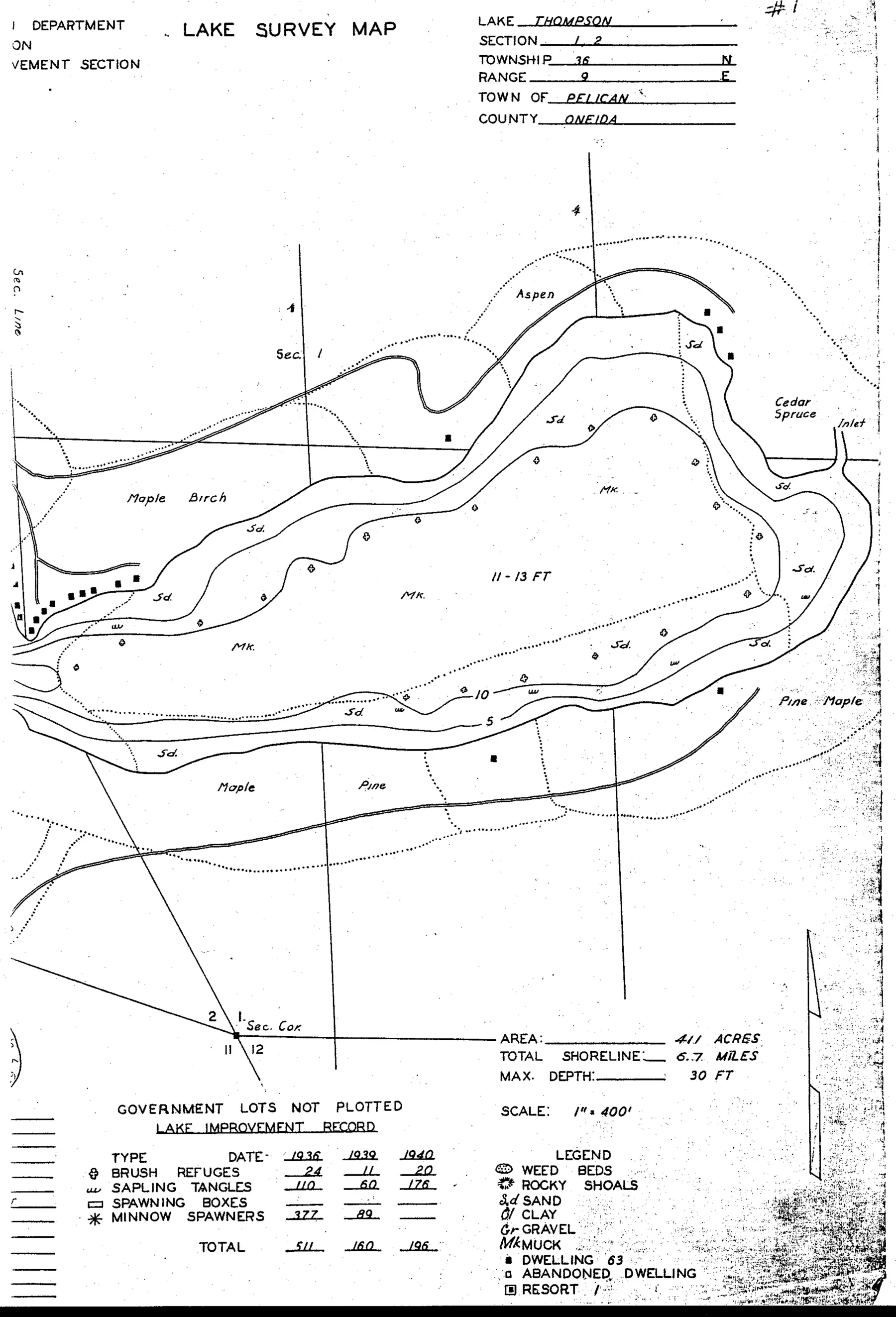 DNR survey map of Lake Thompson, sheet 2 of 5, with depths in feet. Tap to zoom.