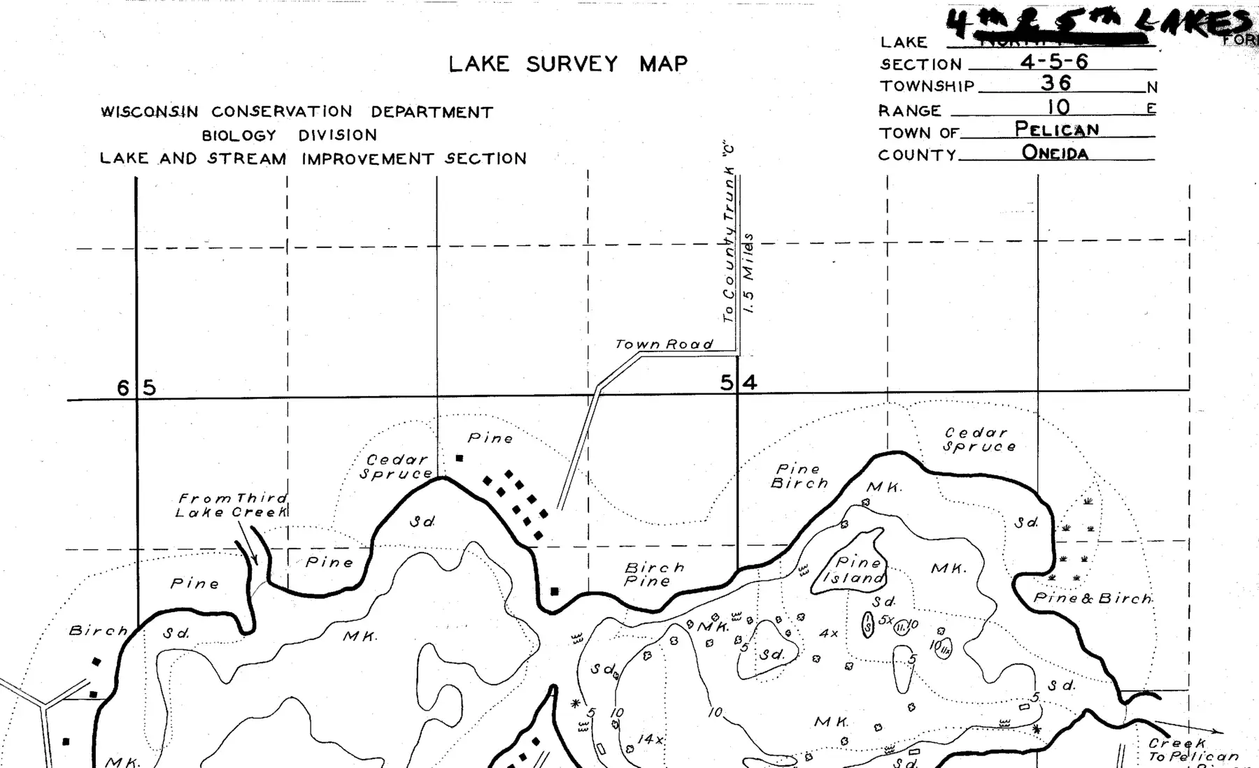 DNR survey map of Fifth Lake, sheet 2 of 3, with depths in feet. Tap to zoom.
