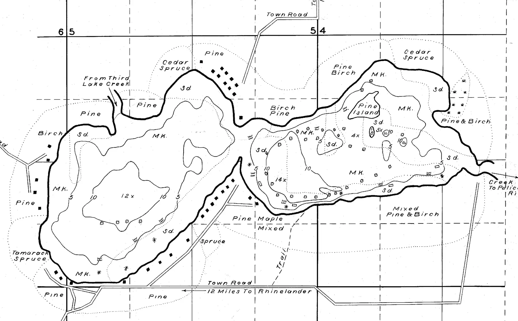DNR survey map of Fourth Lake, sheet 1 of 3, with depths in feet. Tap to zoom.