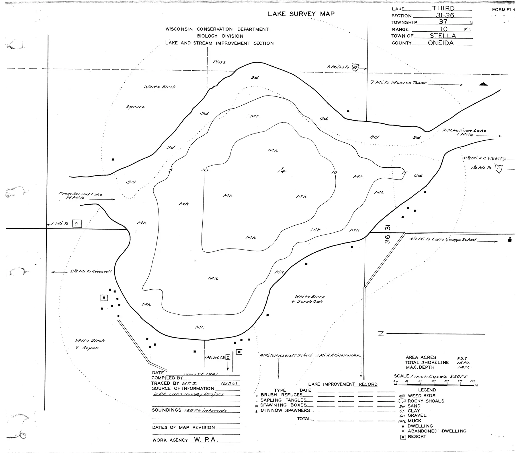 DNR survey map of Third Lake, with depths in feet. Tap to zoom.