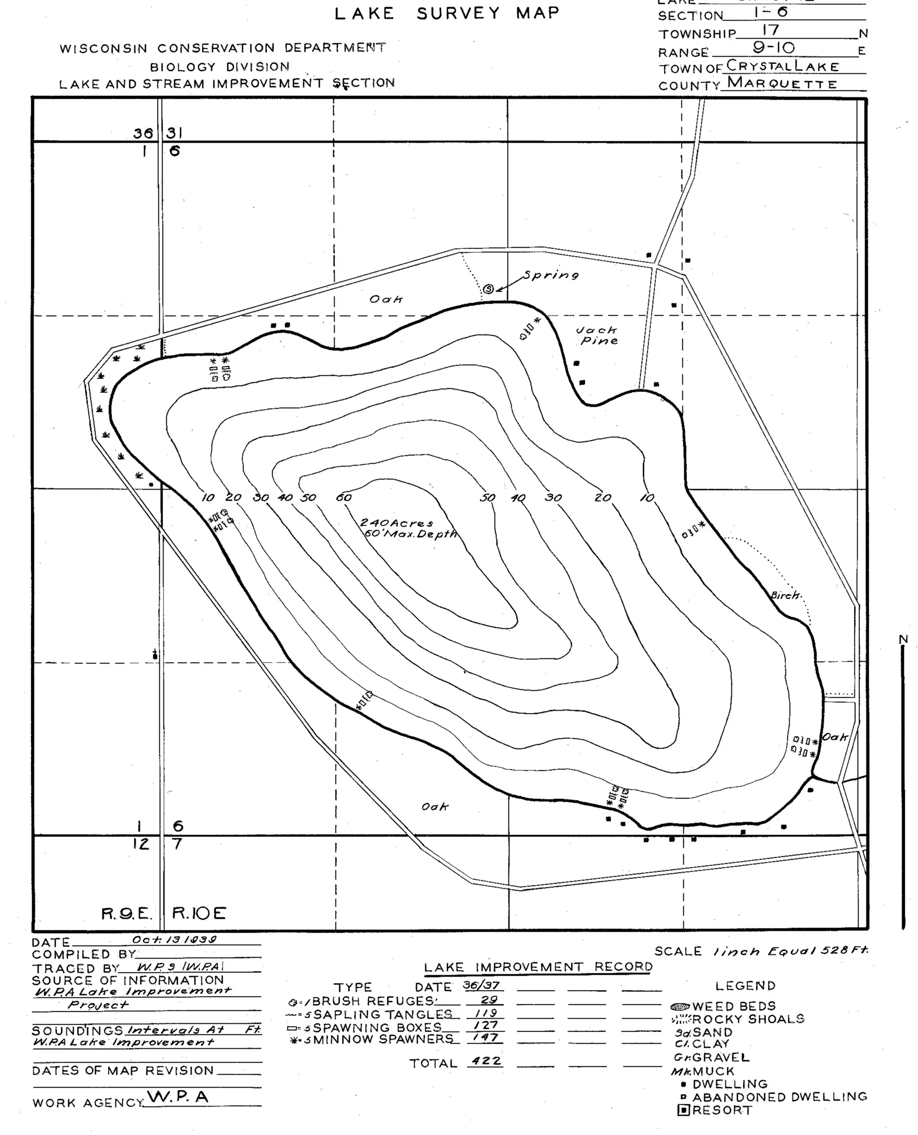 DNR survey map of Crystal Lake, with depths in feet. Tap to zoom.