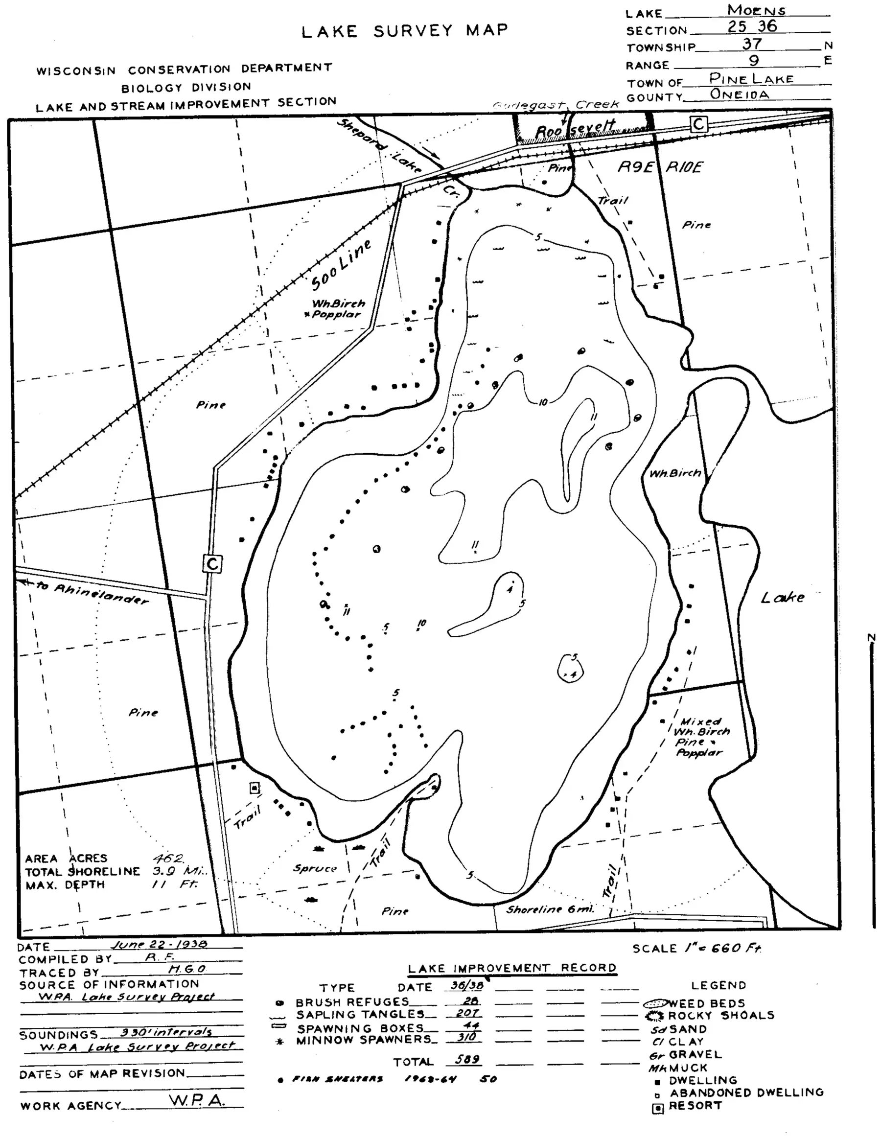 DNR survey map of Moen Lake, with depths in feet. Tap to zoom.