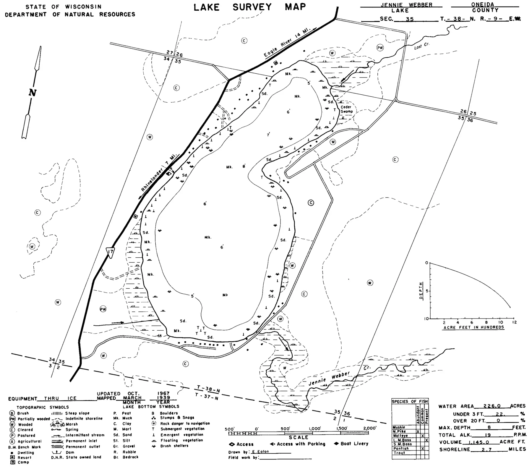 DNR survey map of Jennie Webber Lake, with depths in feet. Tap to zoom.