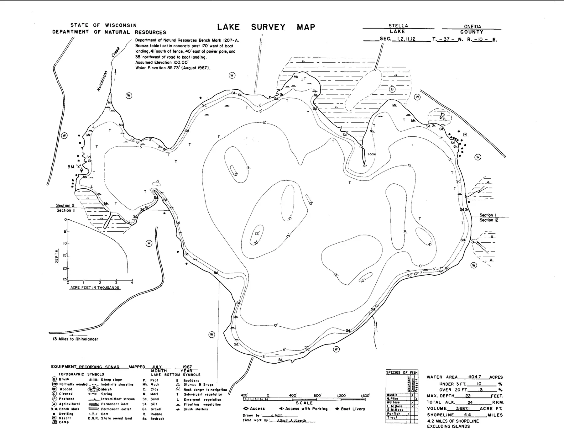 DNR survey map of Stella Lake, with depths in feet. Tap to zoom.