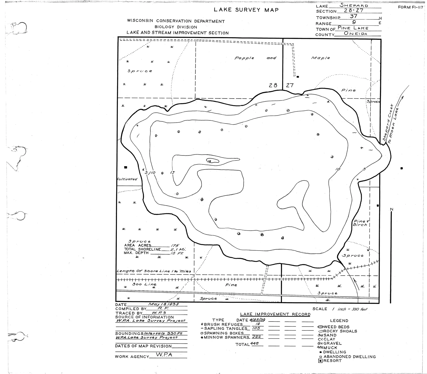DNR survey map of Shepard Lake, with depths in feet. Tap to zoom.