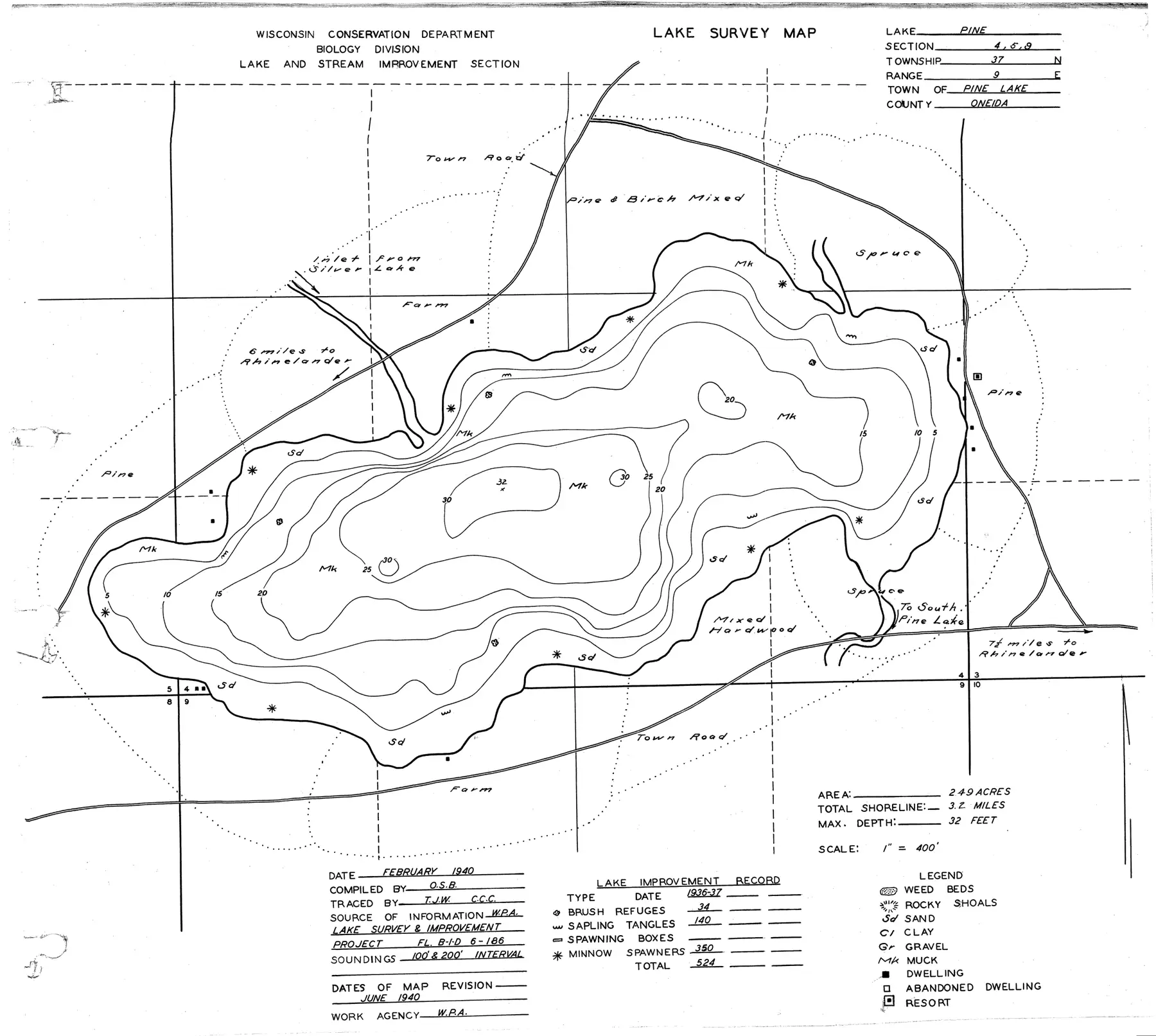 DNR survey map of Pine Lake, with depths in feet. Tap to zoom.