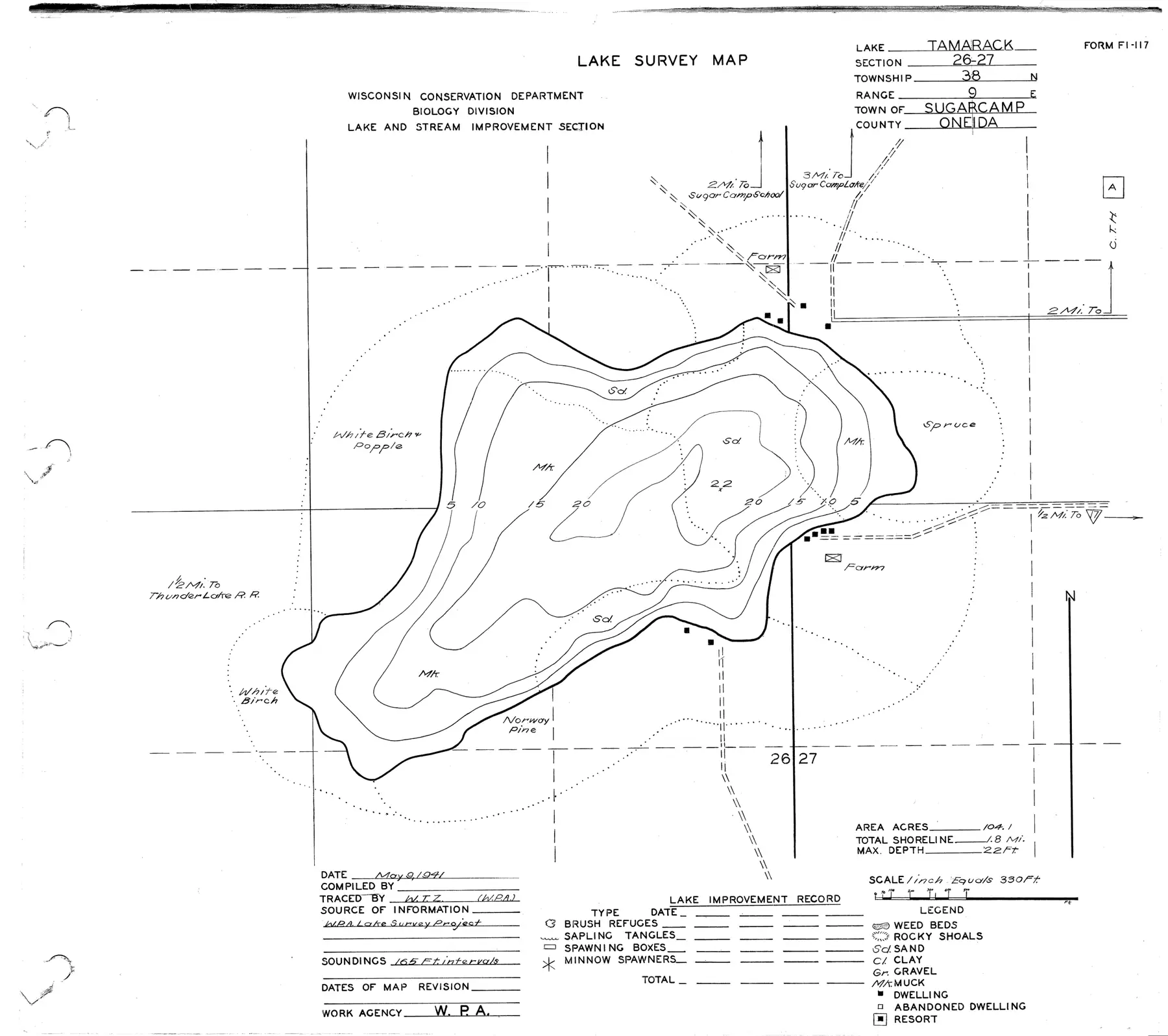 DNR survey map of Tamarack Lake, with depths in feet. Tap to zoom.