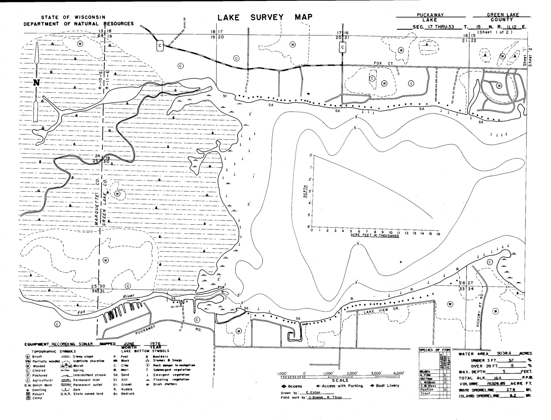 DNR survey map of Puckaway Lake, sheet 1 of 2, with depths in feet. Tap to zoom.
