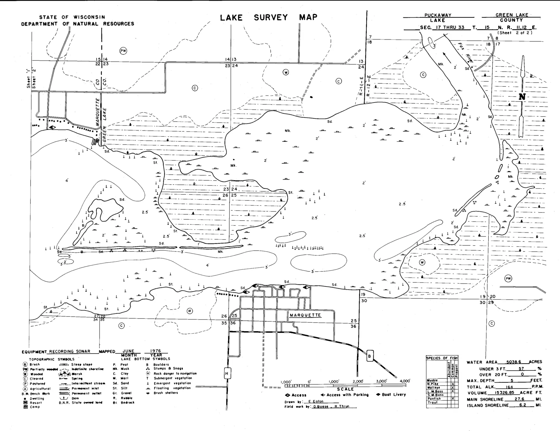 DNR survey map of Puckaway Lake, sheet 2 of 2, with depths in feet. Tap to zoom.
