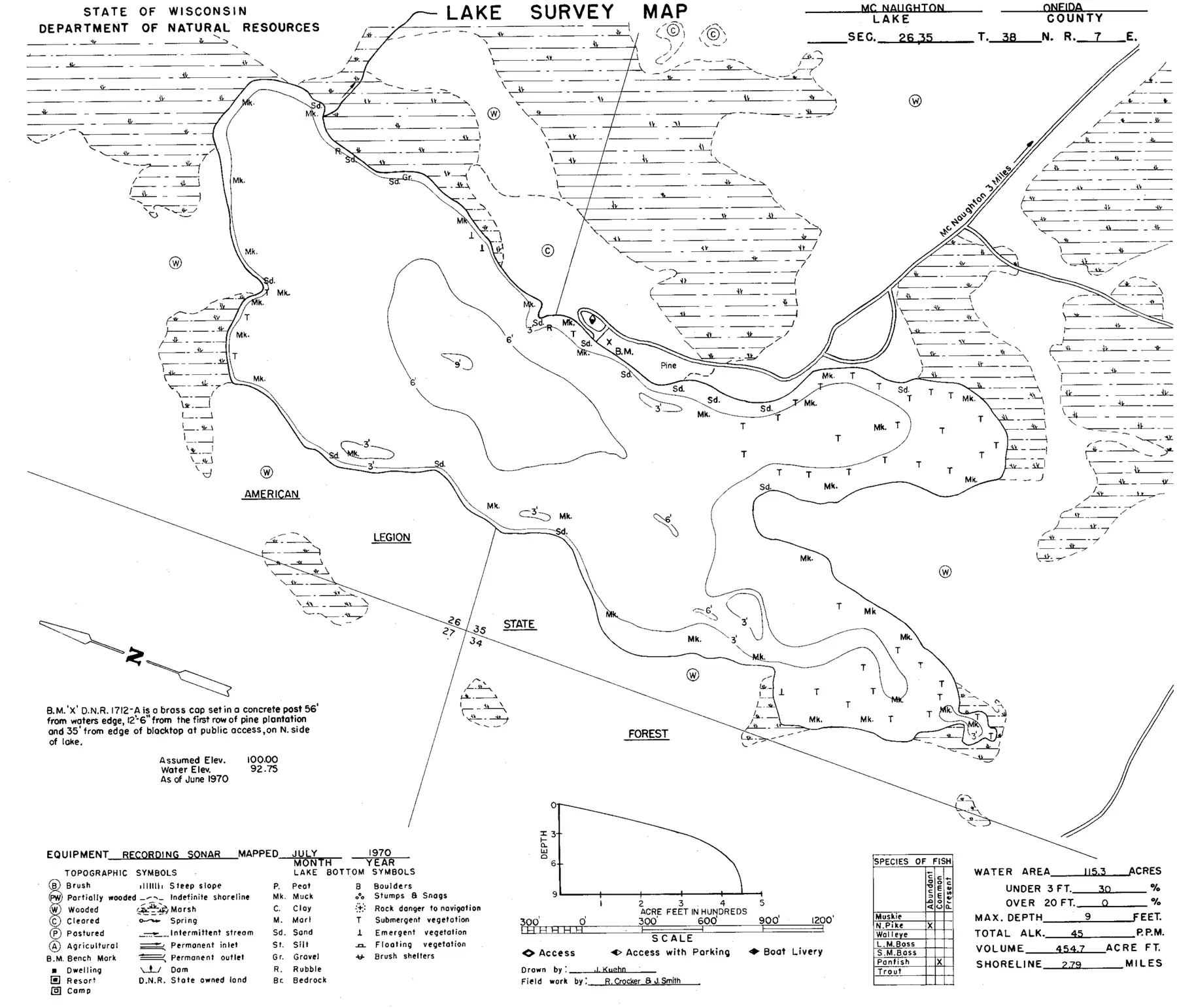 DNR survey map of McNaughton Lake, with depths in feet. Tap to zoom.
