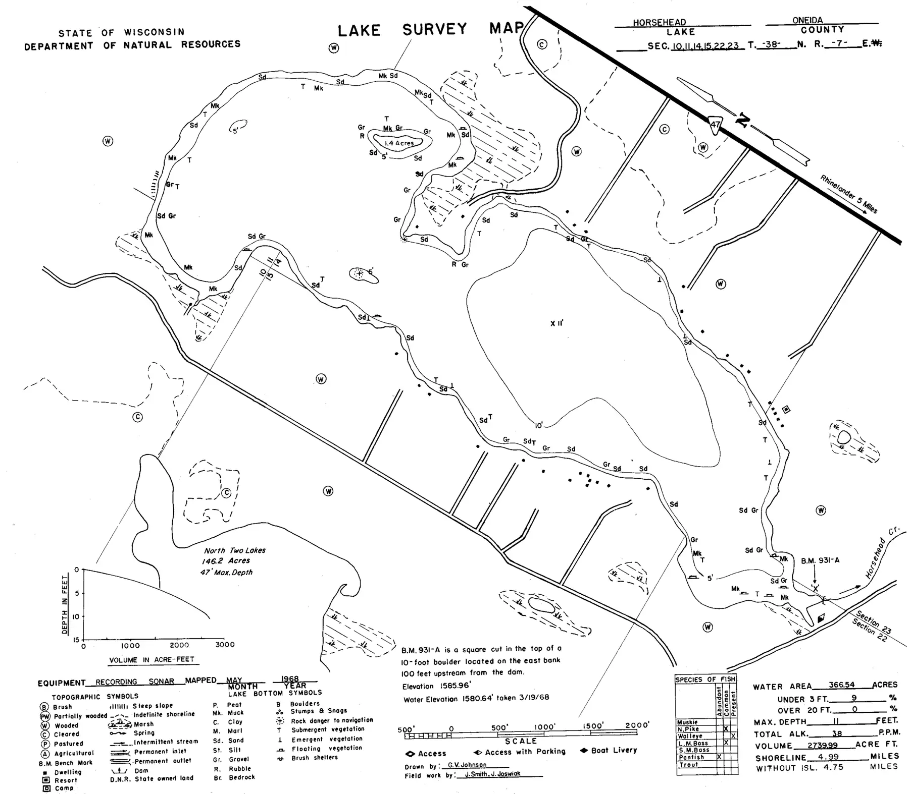 DNR survey map of Horsehead Lake, with depths in feet. Tap to zoom.