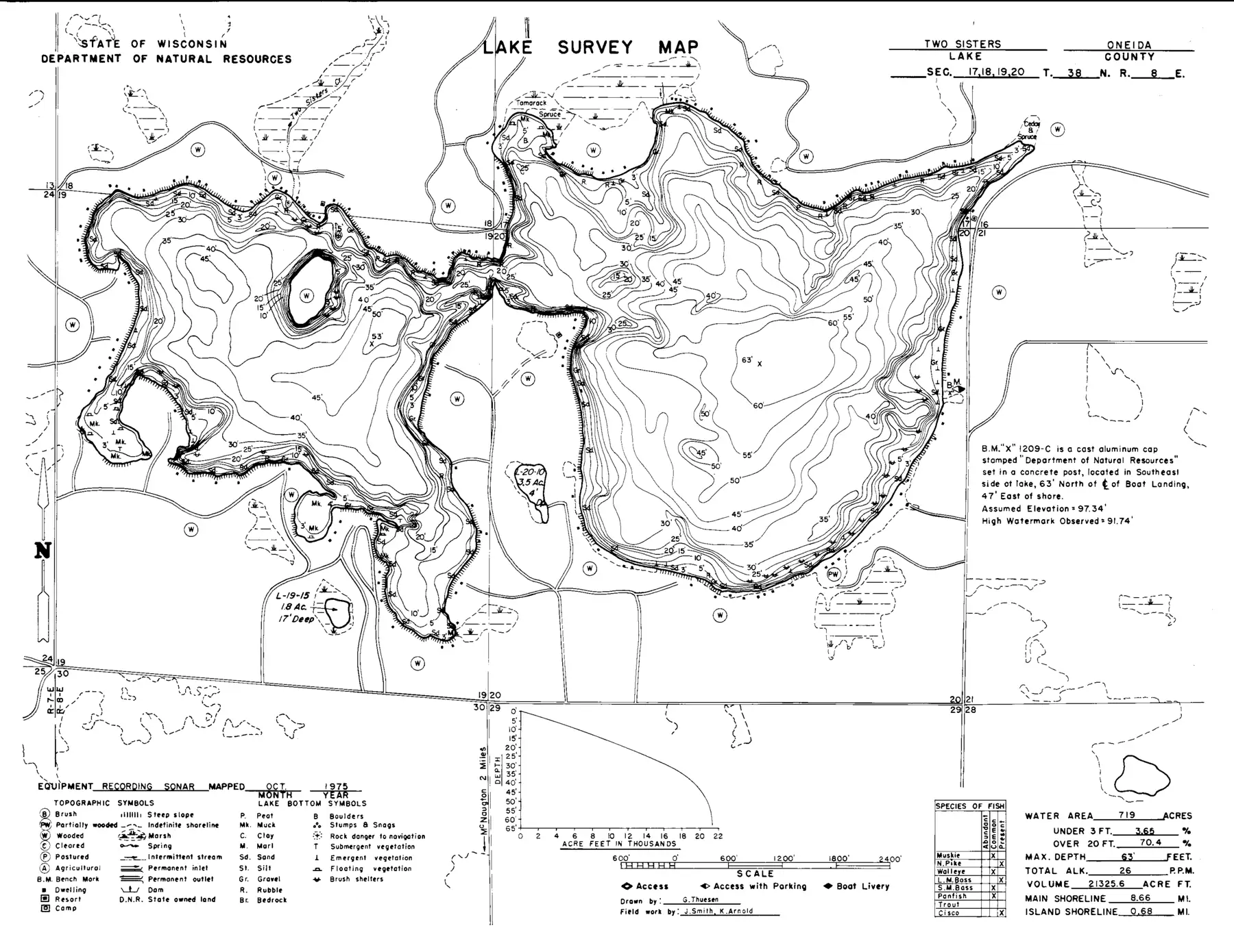 DNR survey map of Two Sisters Lake, with depths in feet. Tap to zoom.