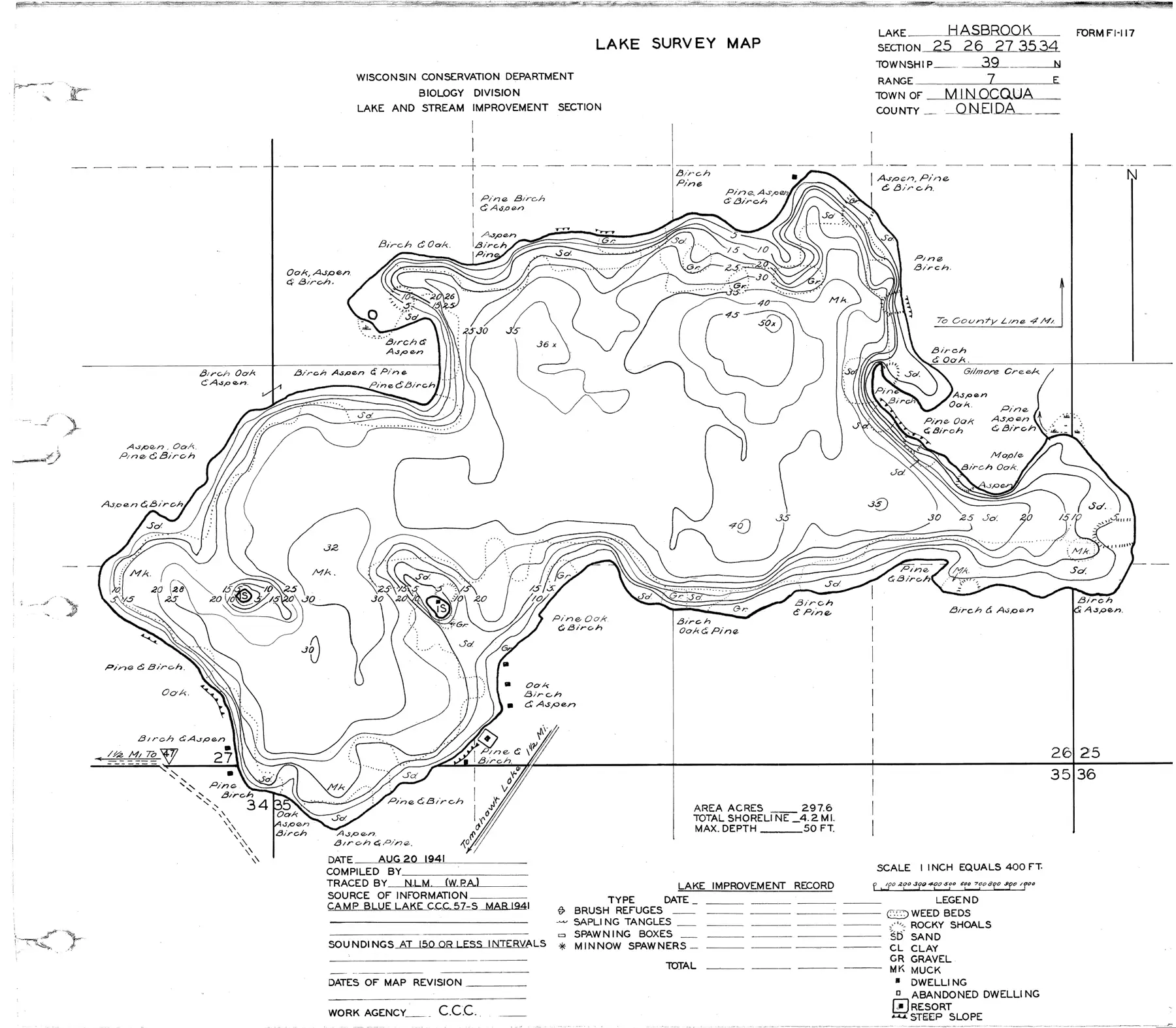 DNR survey map of Hasbrook Lake, with depths in feet. Tap to zoom.