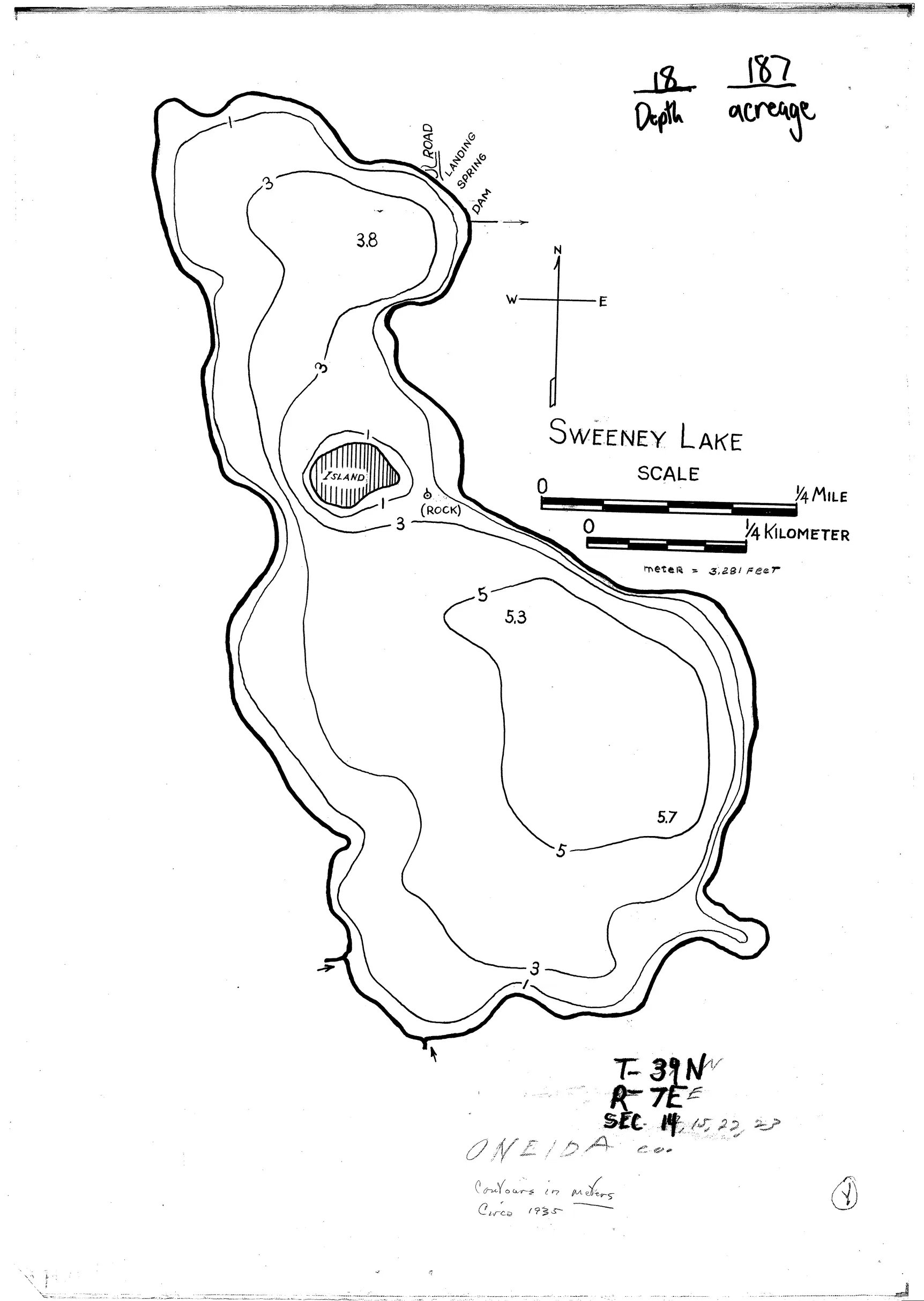 DNR survey map of Sweeny Lake, with depths in feet. Tap to zoom.