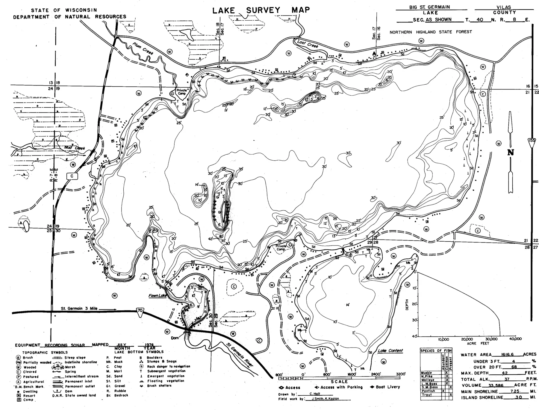 DNR survey map of Big Saint Germain Lake, with depths in feet. Tap to zoom.